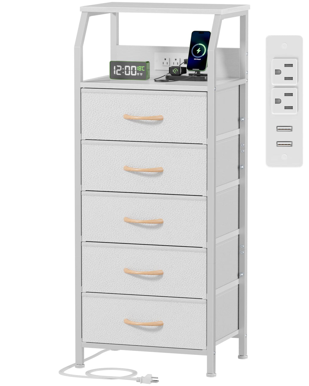 Rustic Brown 5 Drawer Dresser with Charging Station