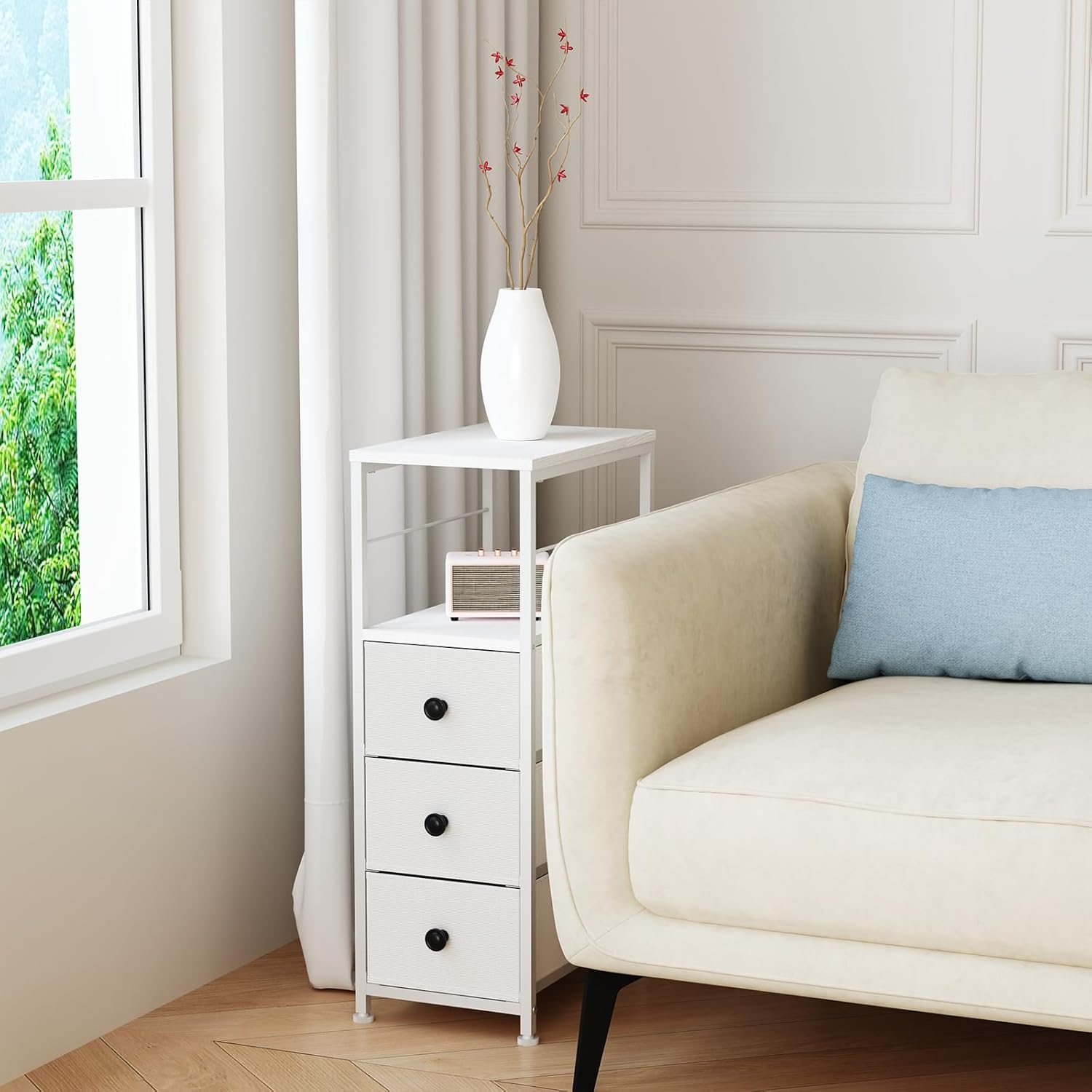 White Slim Narrow Fabric Storage Dresser Cabinet