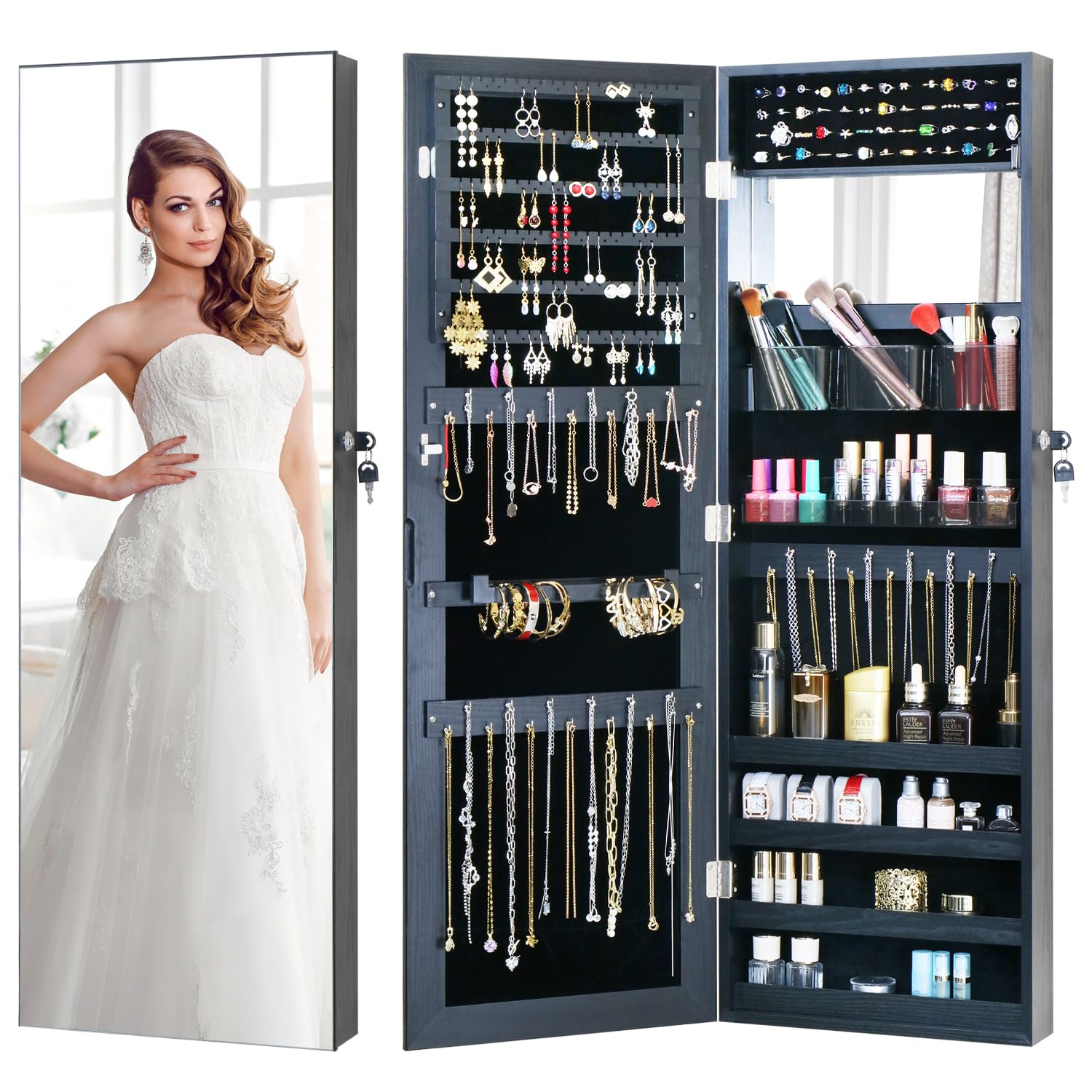 White Lockable Wall Mount Full Length Jewelry Armoire