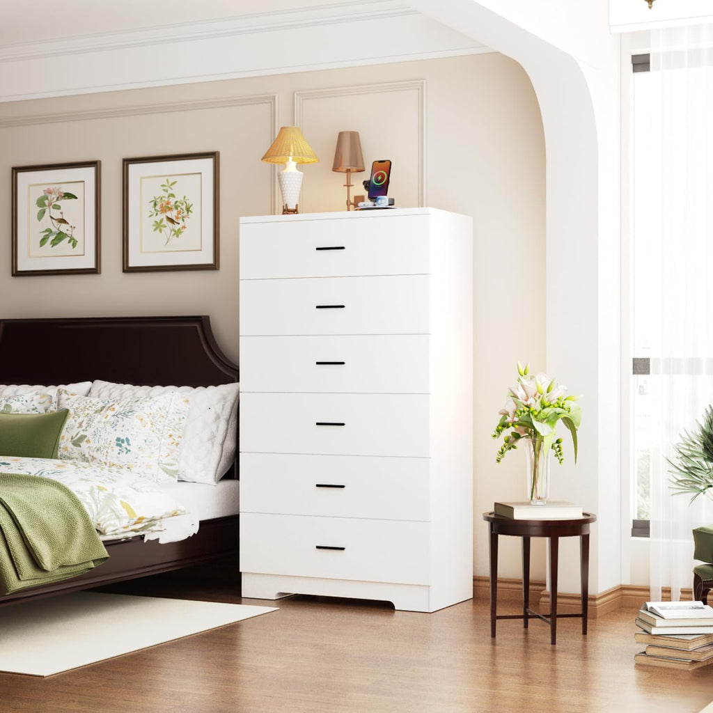 White 6 Drawer Tall Wood Dresser with Power Outlets