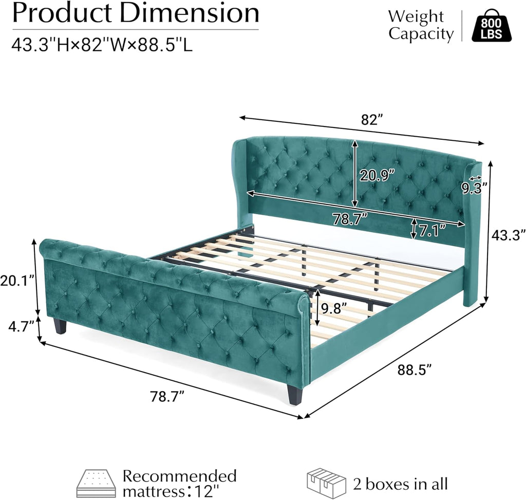 Turquoise Velvet King Sleigh Bed Wingback Tufted Design