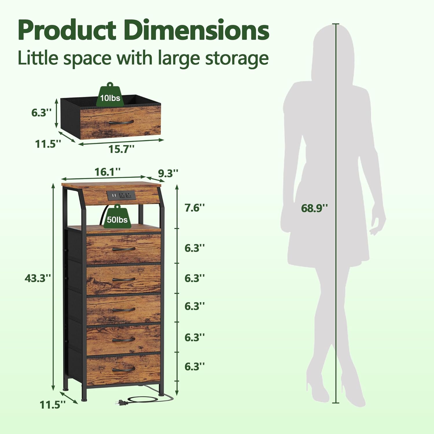 Rustic Brown 5 Drawer Dresser with Charging Station