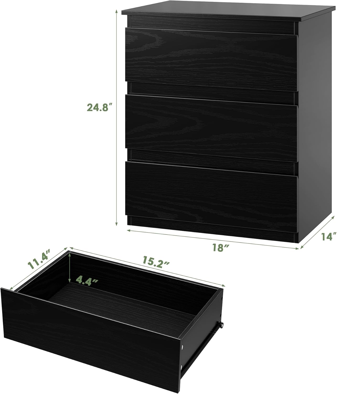 Black 3 Drawer Storage Bedroom Nightstand Side Table