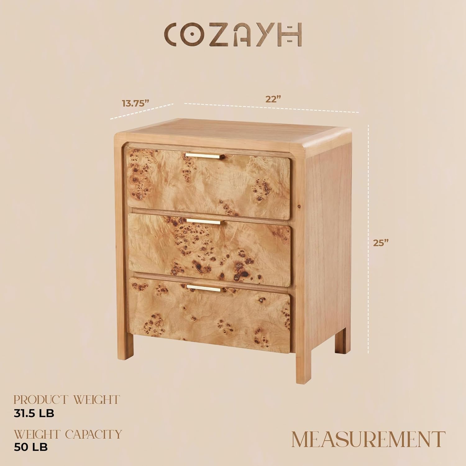 Natural Burl Wood 3 Drawer Farmhouse Nightstand