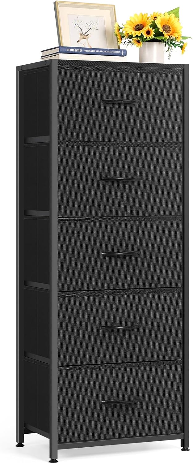 Black Wood Top 5 Drawer Fabric Tall Dresser