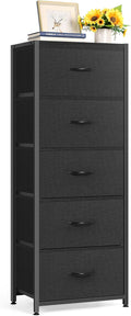 Black Wood Top 5 Drawer Fabric Tall Dresser
