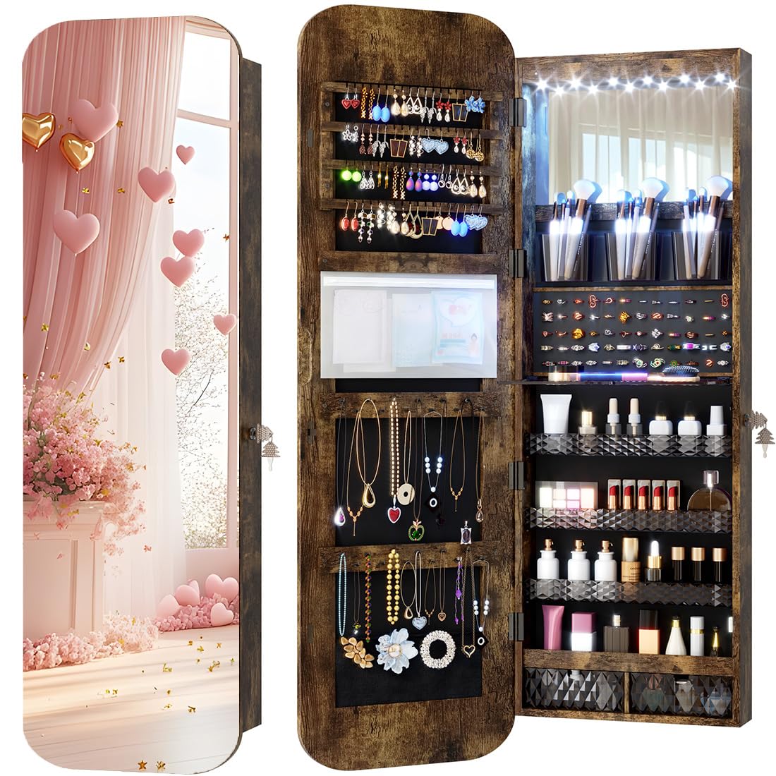 LED Lockable White Full Length Hanging Jewelry Cabinet