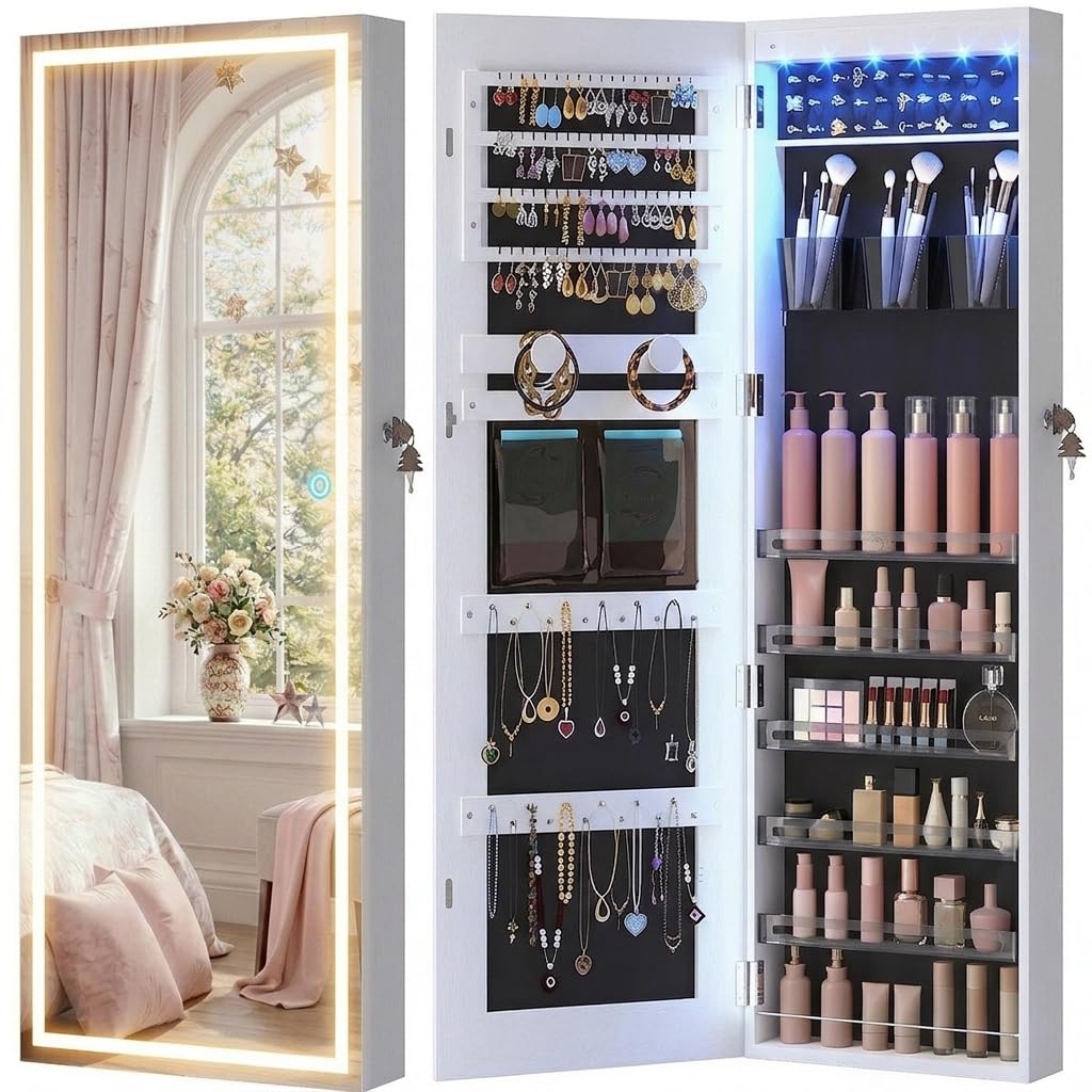 LED Lockable White Full Length Hanging Jewelry Armoire