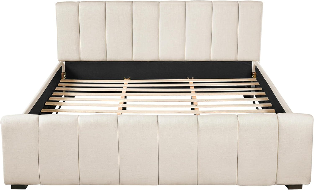 Beige Linen Cal King Curved Panel Bed Frame