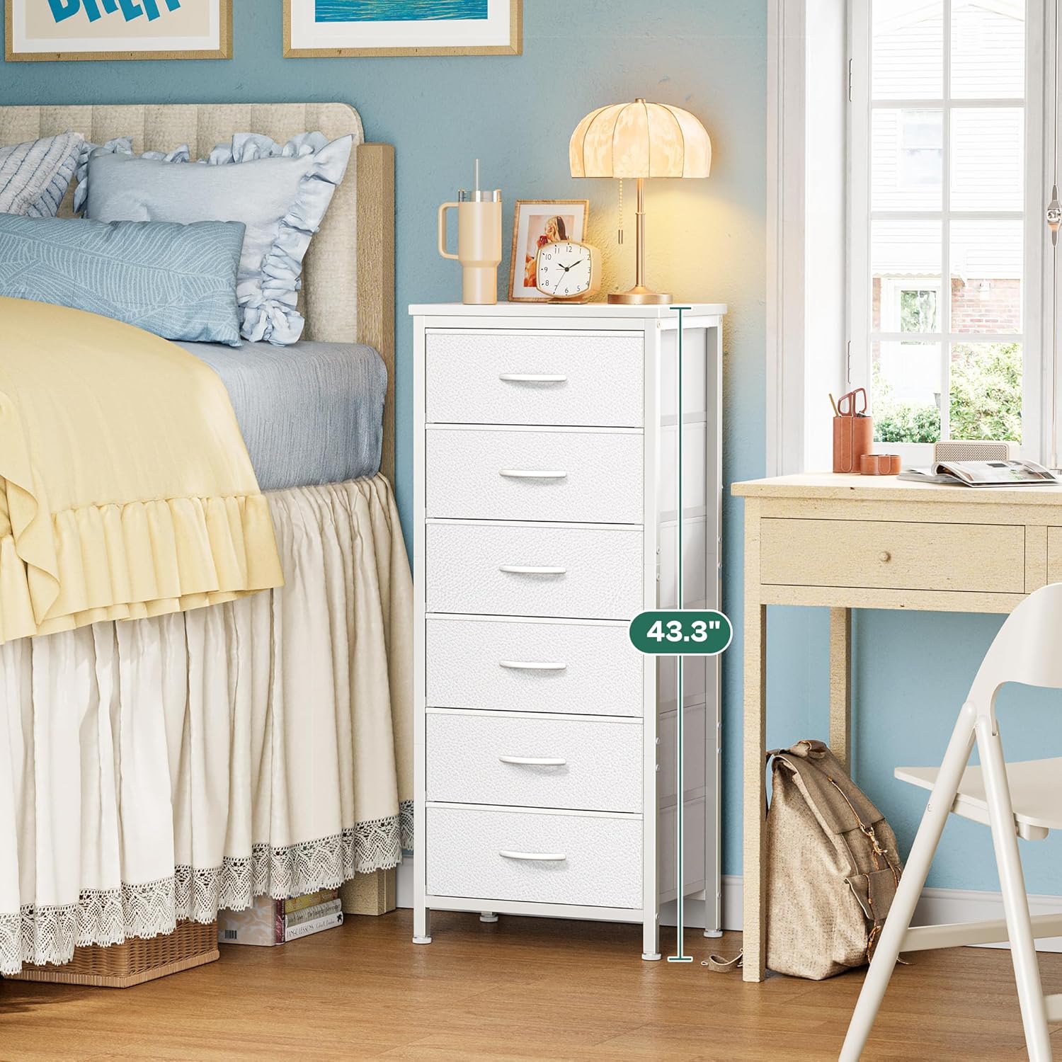 White 6 Drawer PU Leather Fabric Tall Storage Dresser