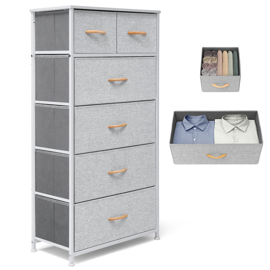 Rustic Brown Wood Top 6 Drawer Slim Fabric Dresser