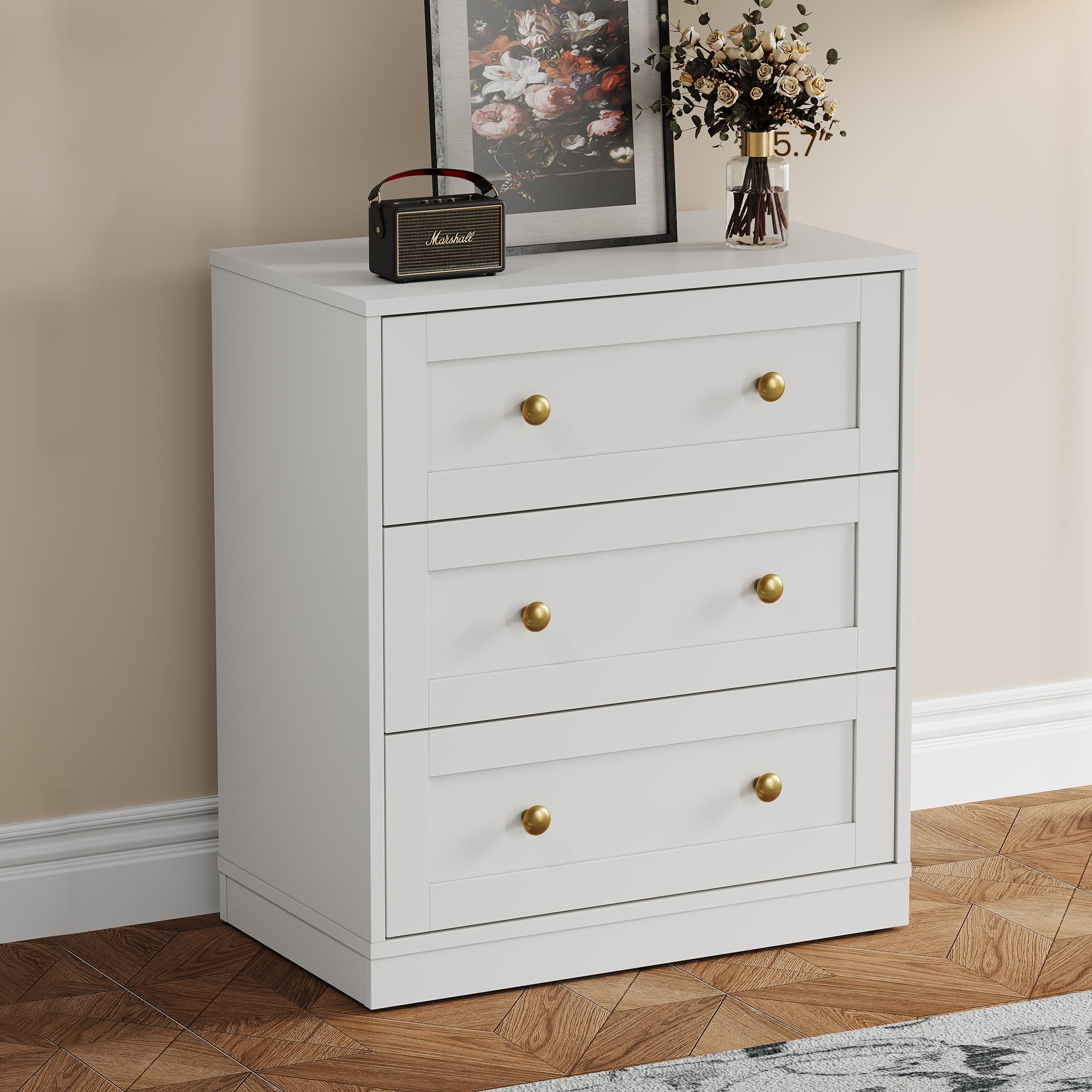 Beige Large Wood 3 Drawer Bedroom Nightstand