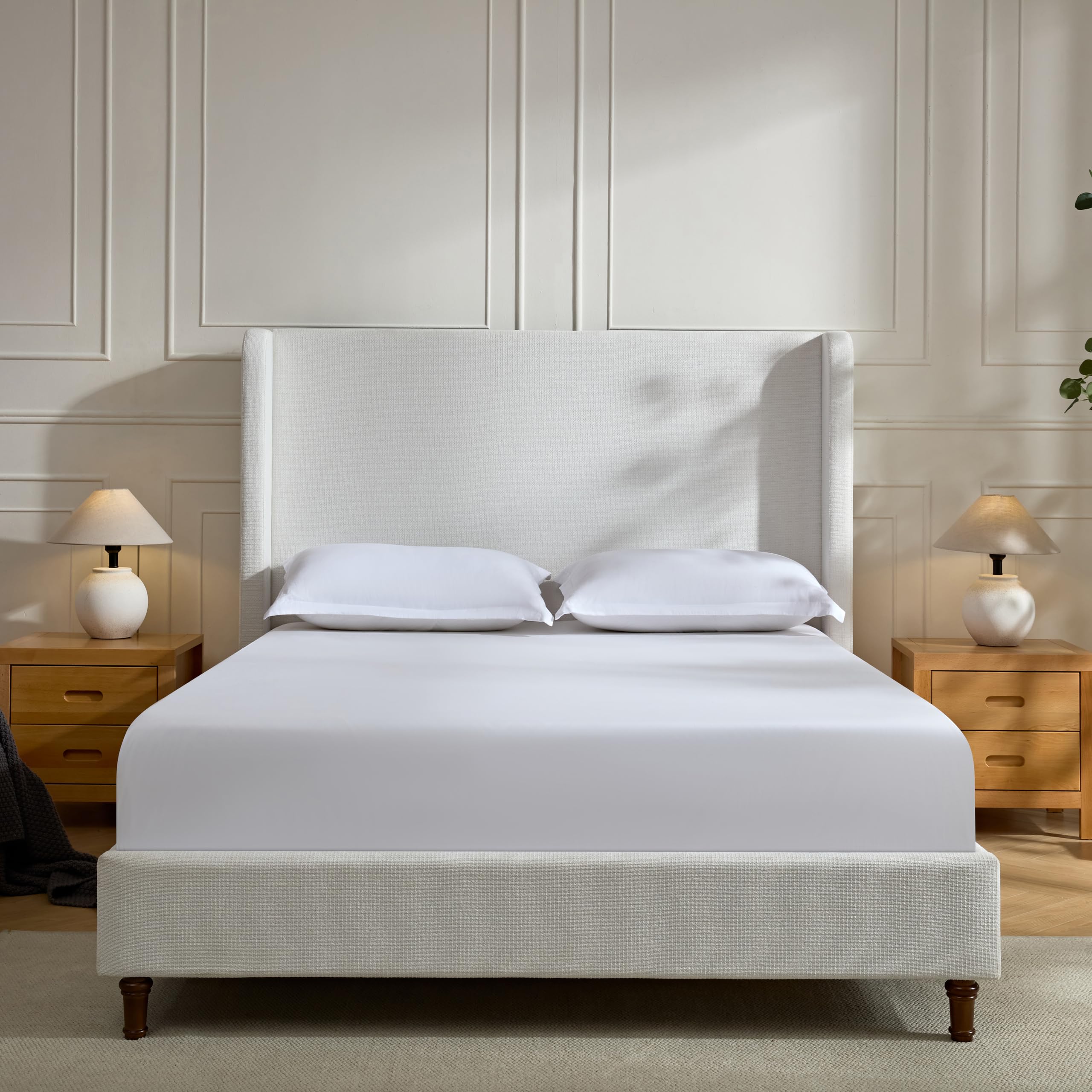 Ivory Boucle Wingback Queen Tall Headboard Platform Bed