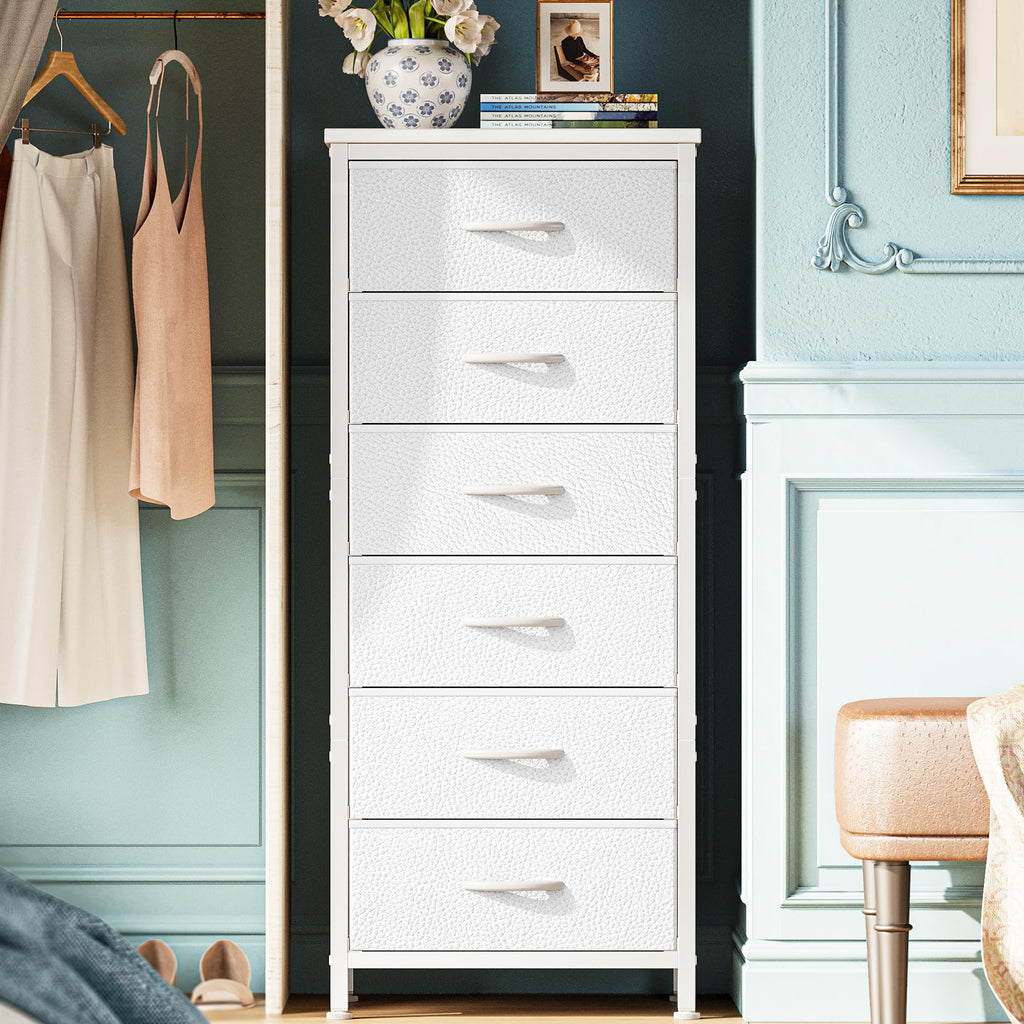 White 6 Drawer PU Leather Fabric Tall Storage Dresser