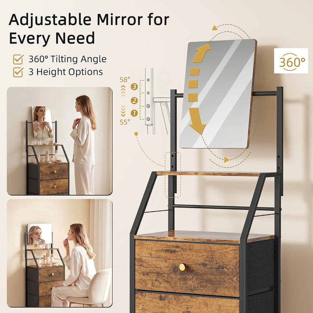 Rustic Brown 4 Drawer Fabric Dresser with Mirror Shelves