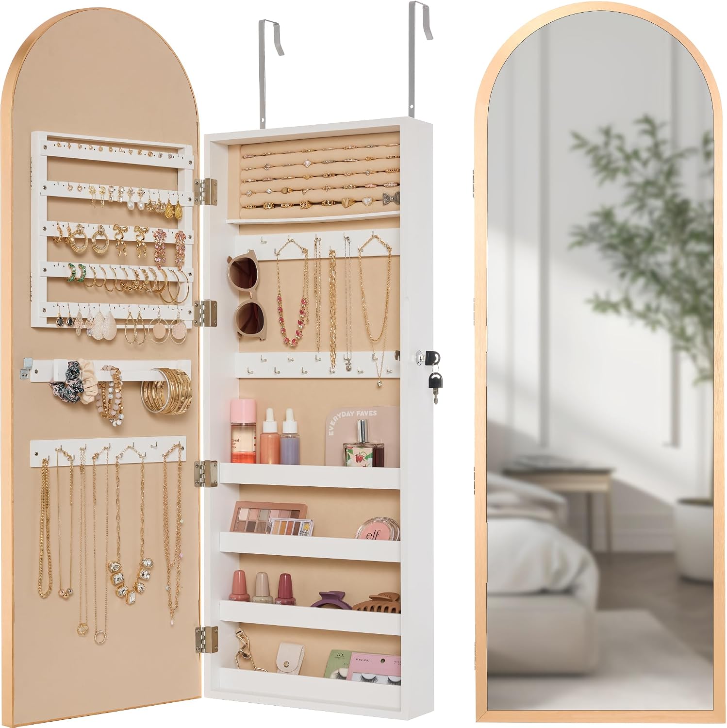 Gold Lockable Arch Full Length Jewelry Cabinet