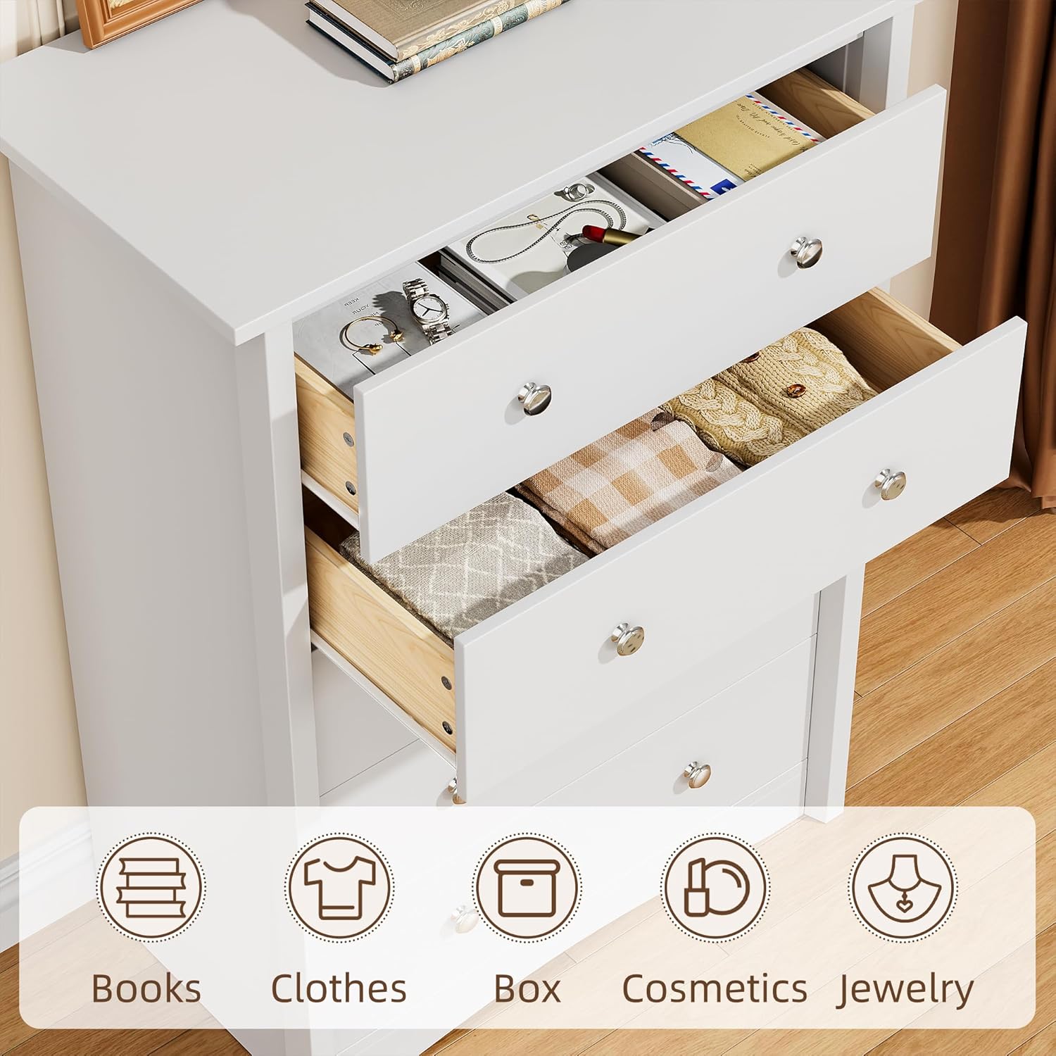 White 5 Drawer Tall Wooden Storage Dresser Cabinet