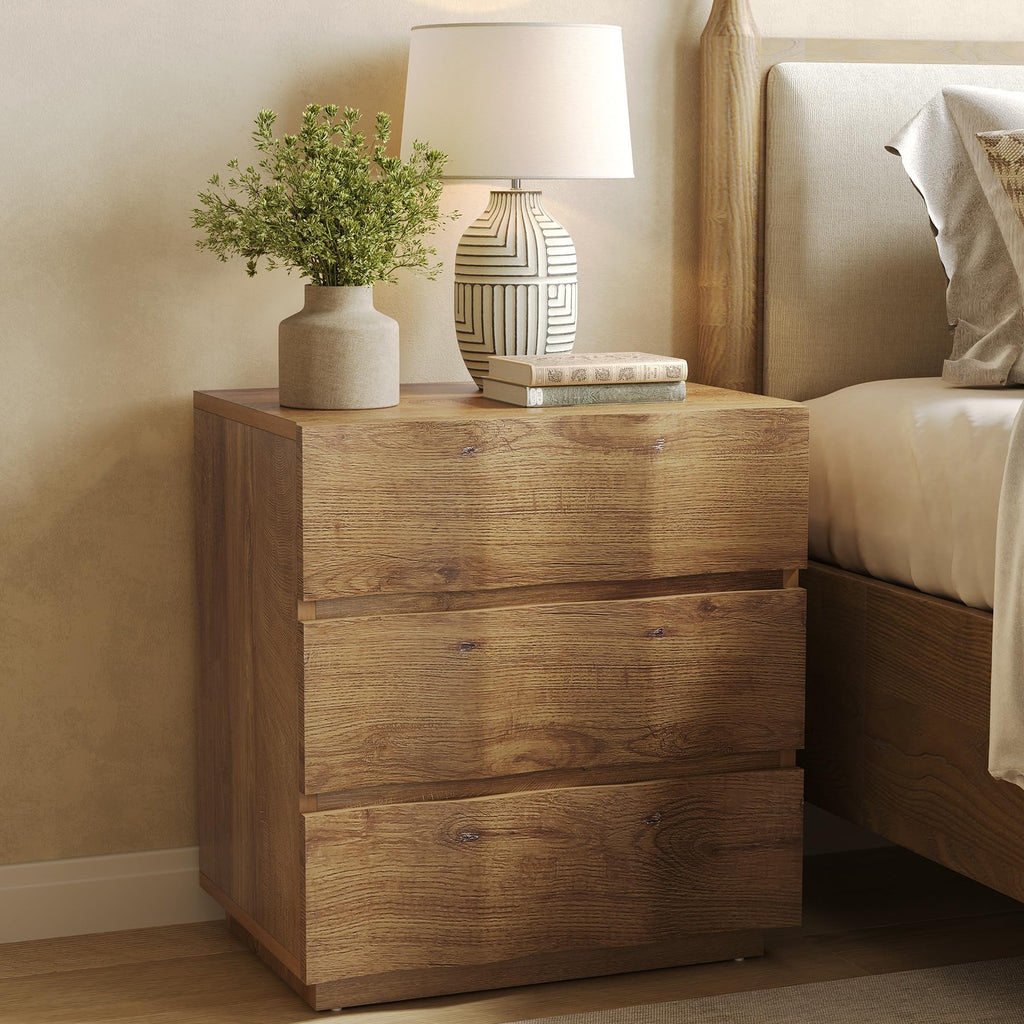 Natural Fluted 3 Drawer Rustic Wood Nightstand
