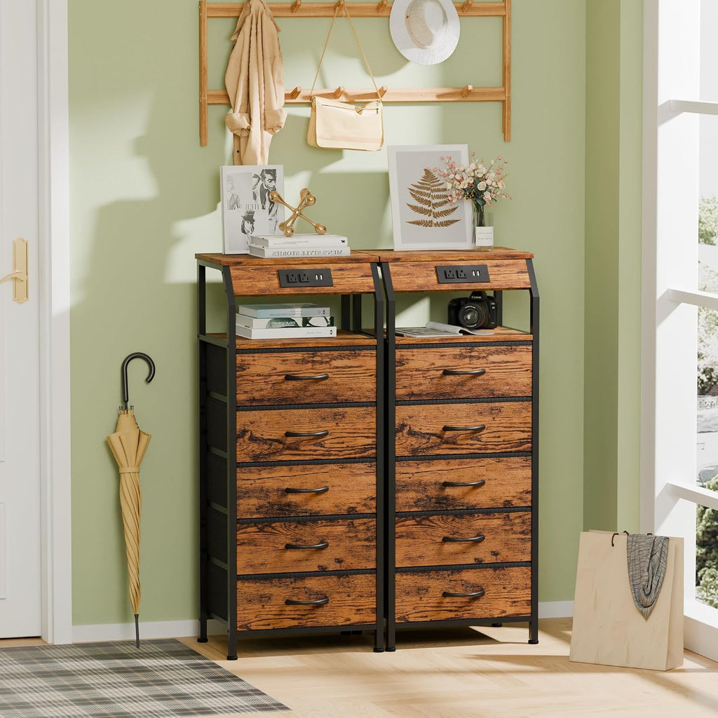 Rustic Brown 5 Drawer Dresser with Charging Station