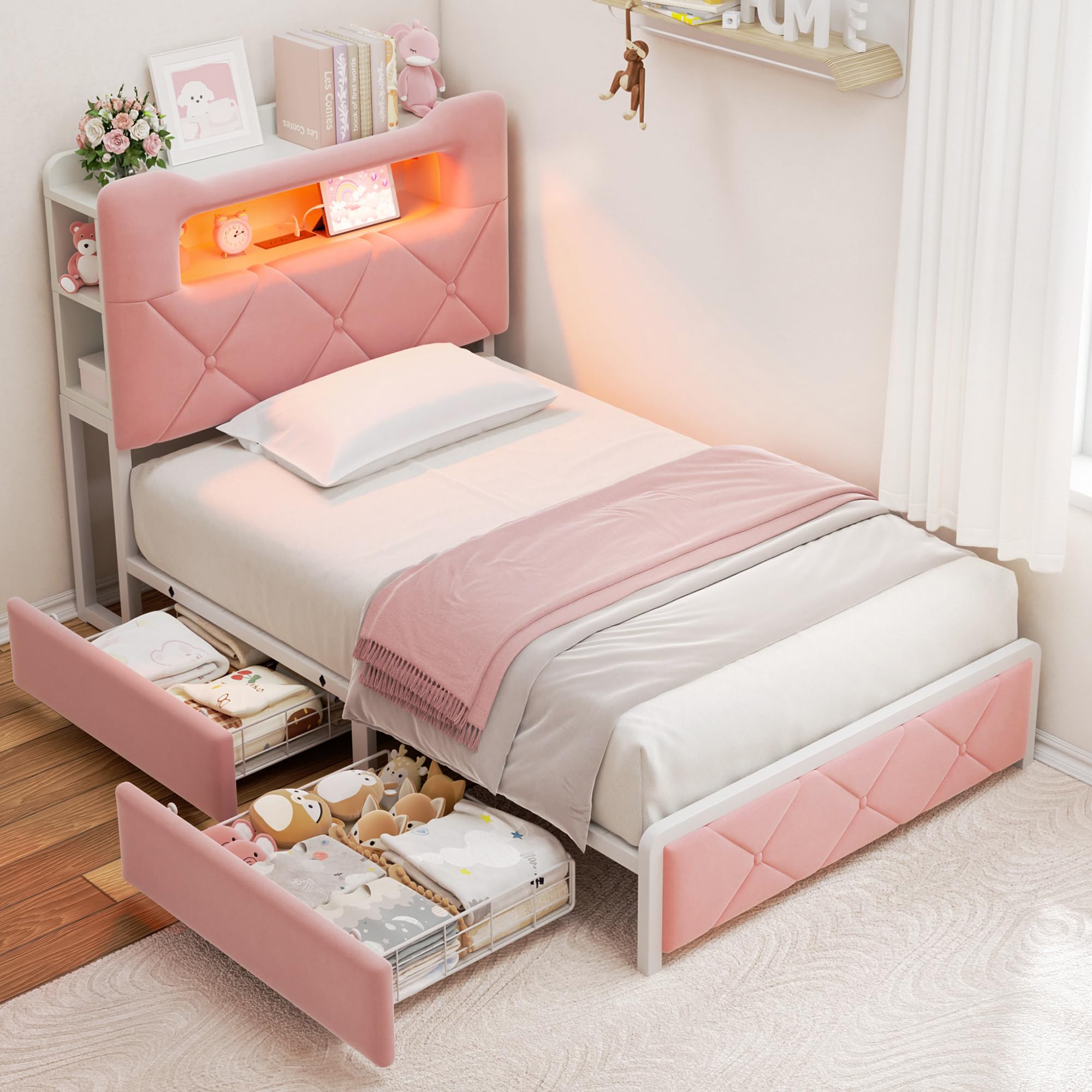 Grey Velvet Full LED Bed Drawers Charging Headboard