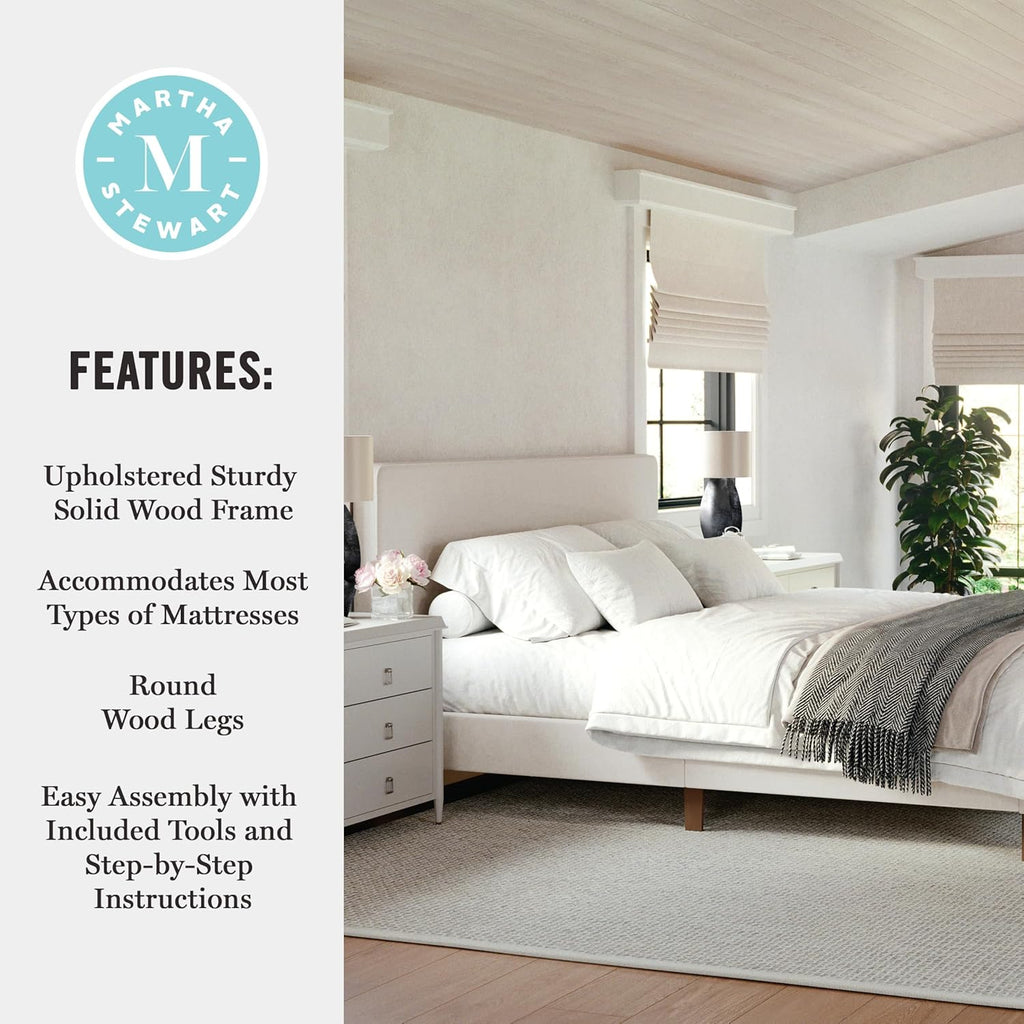 Beige Faux Linen King Bed Rounded Piped Headboard