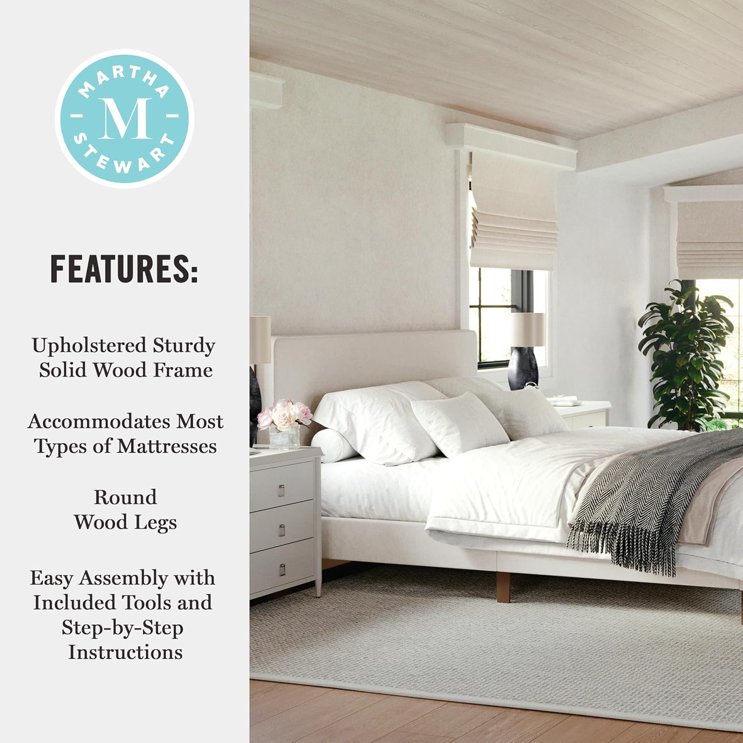 Beige Faux Linen King Bed Rounded Piped Headboard
