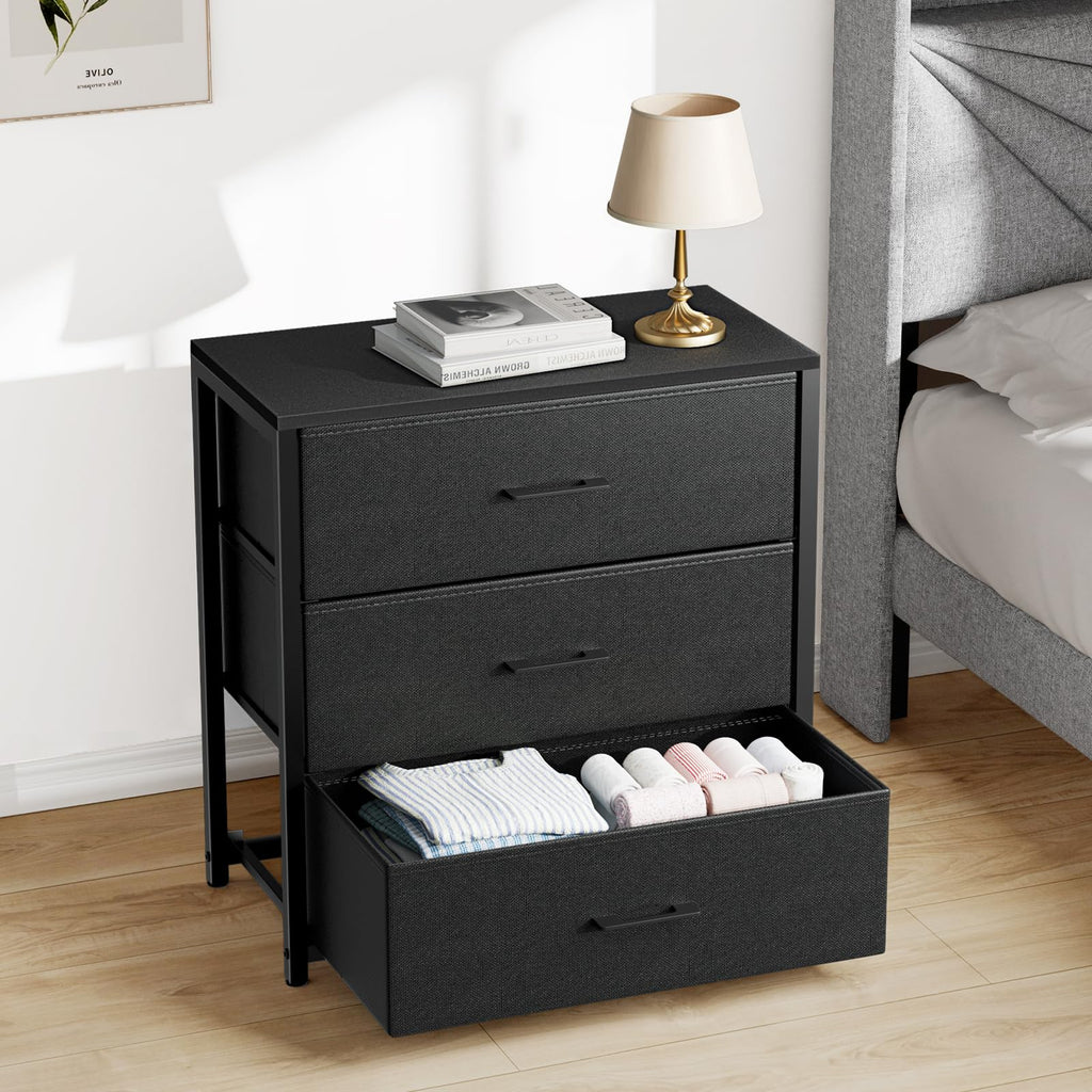 Wood Top Fabric 3 Drawer Bedroom Nightstand Dresser