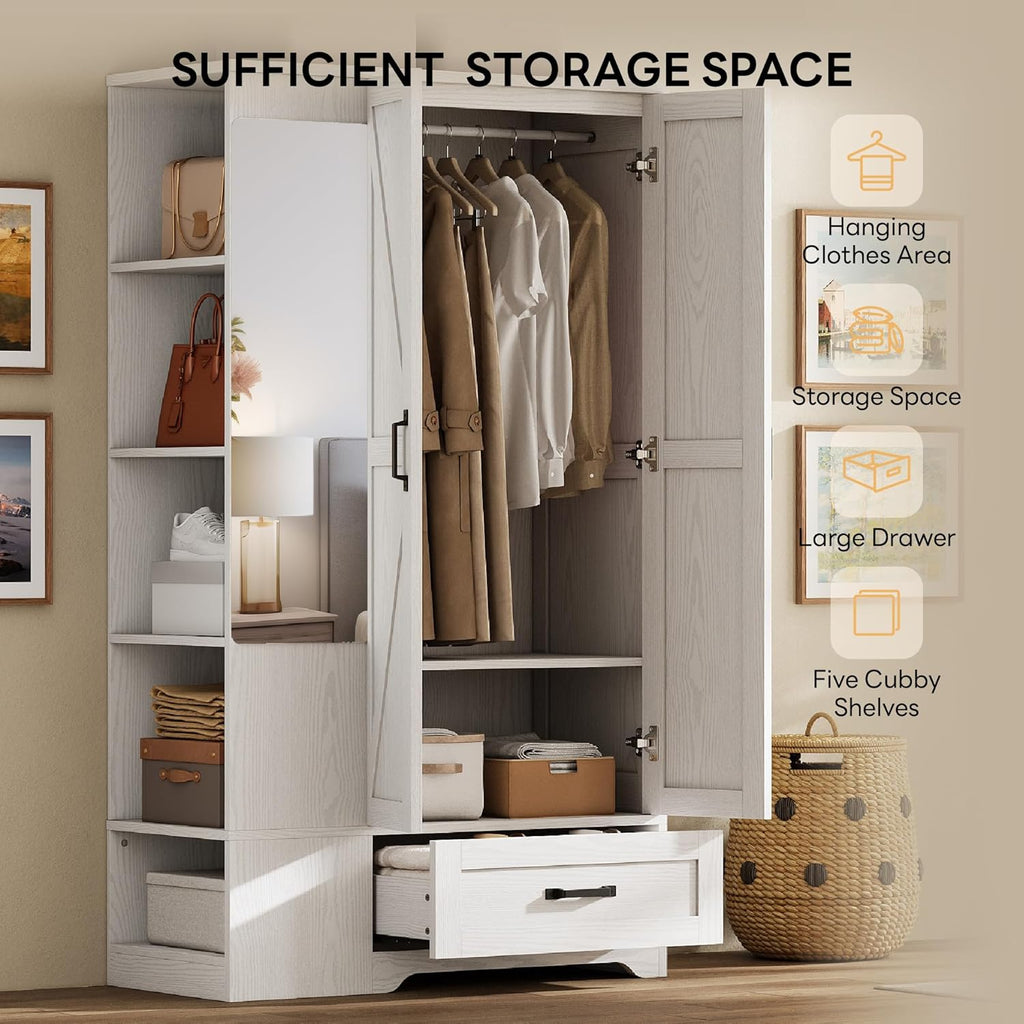 70 Inch White Freestanding Mirror Wardrobe Closet