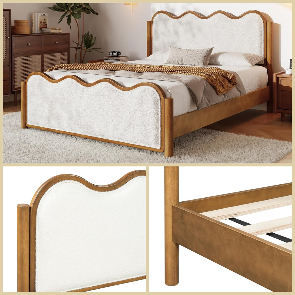 Boucle Queen Platform Bed Wavy Curved Headboard