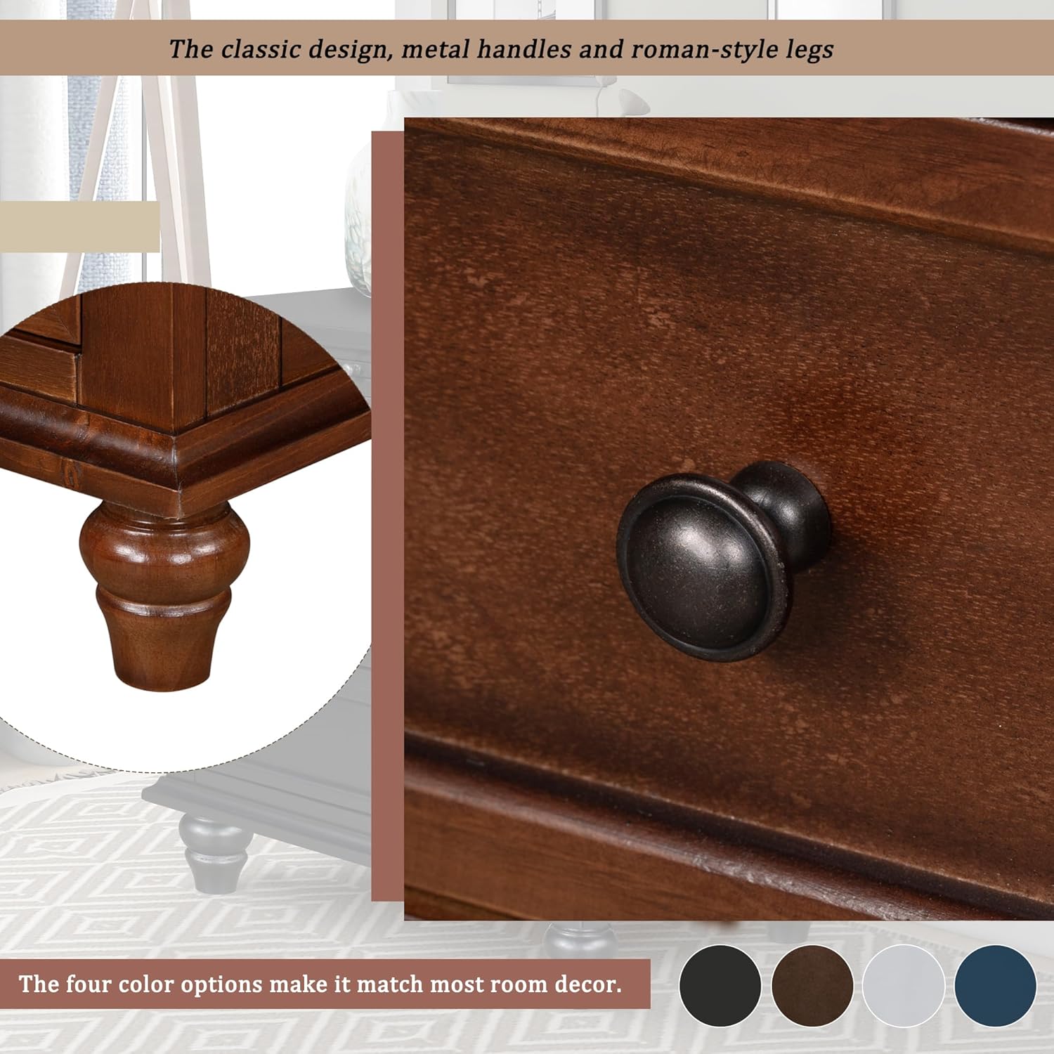Brown Wood Nightstand 3 Drawers with Pull Out Tray
