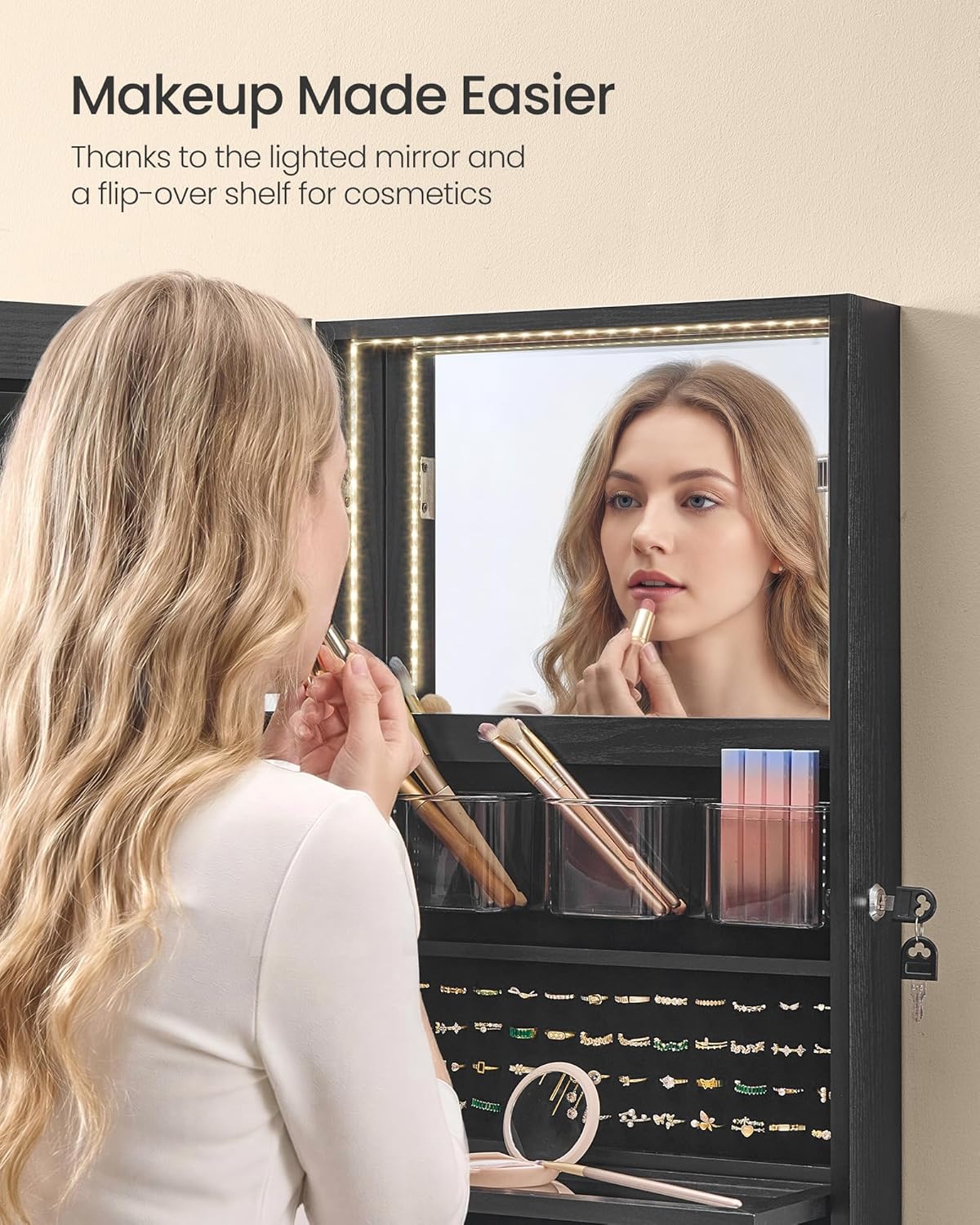 55 Inch Black LED Lockable Mounted Jewelry Cabinet