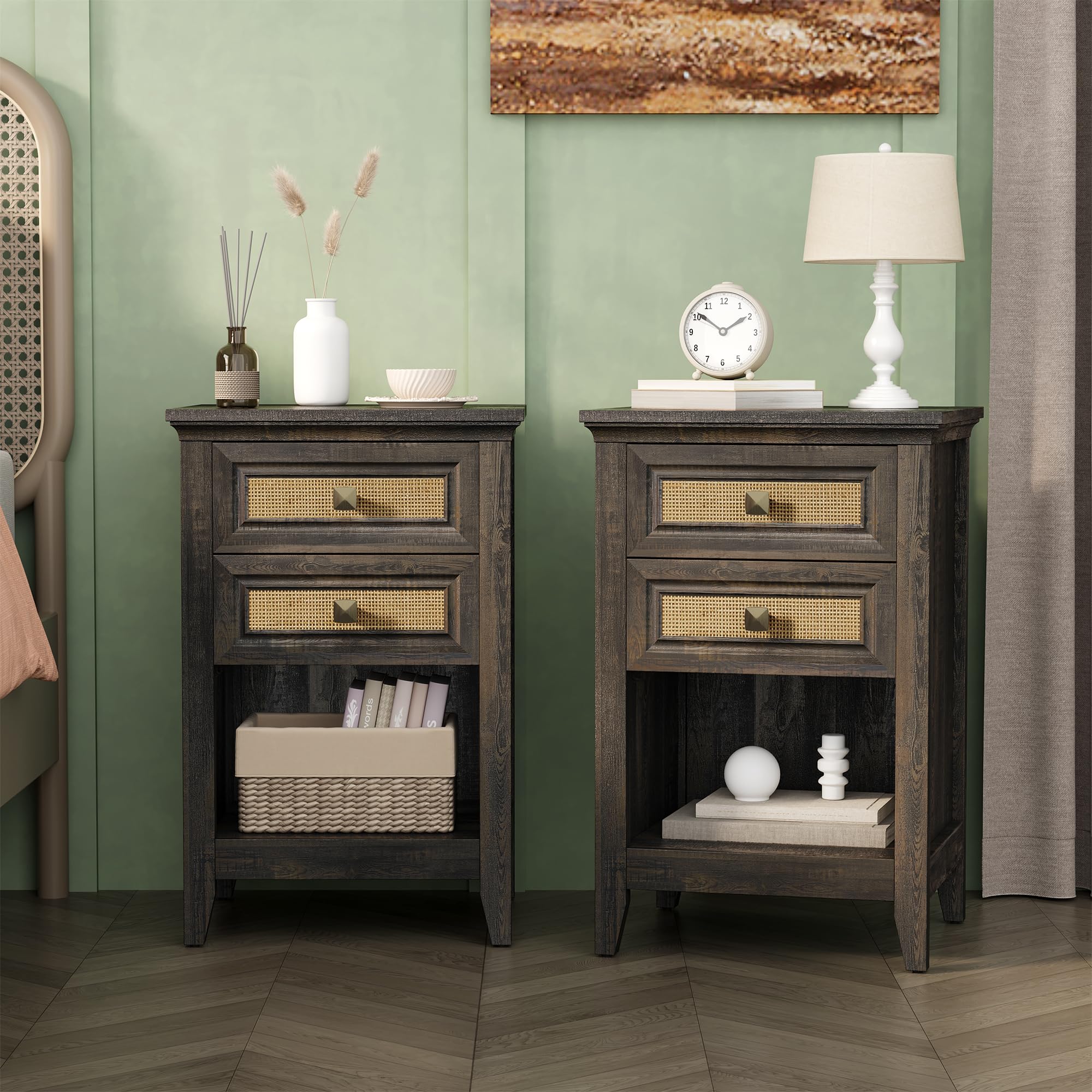 Grayish White Rattan 2 Drawer Bedroom Nightstand