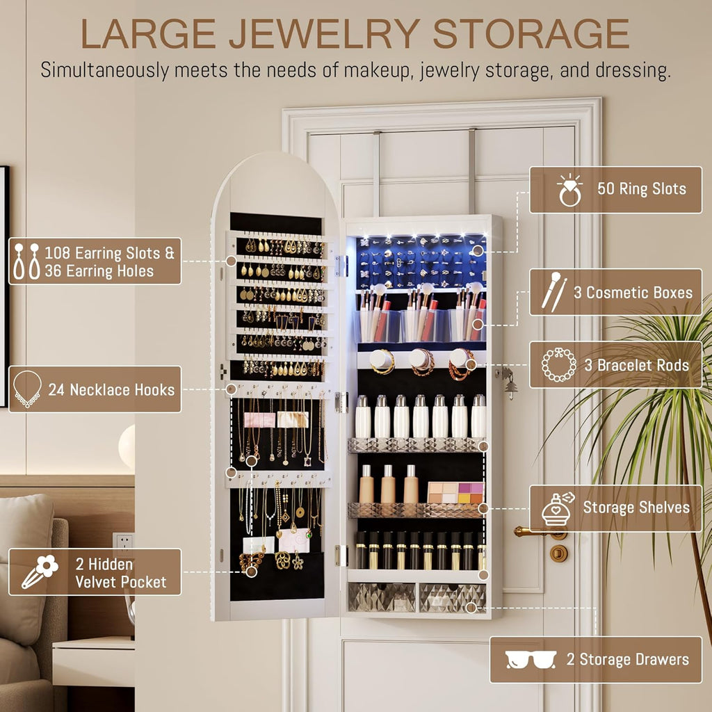 43 Inch White LED Lockable Arched Jewelry Cabinet