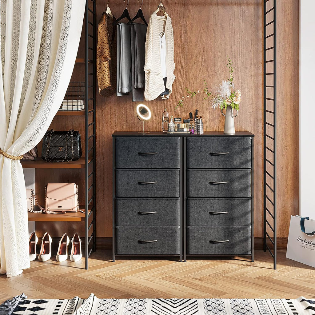 Black Wood Top 4 Drawer Small Fabric Dresser Cabinet