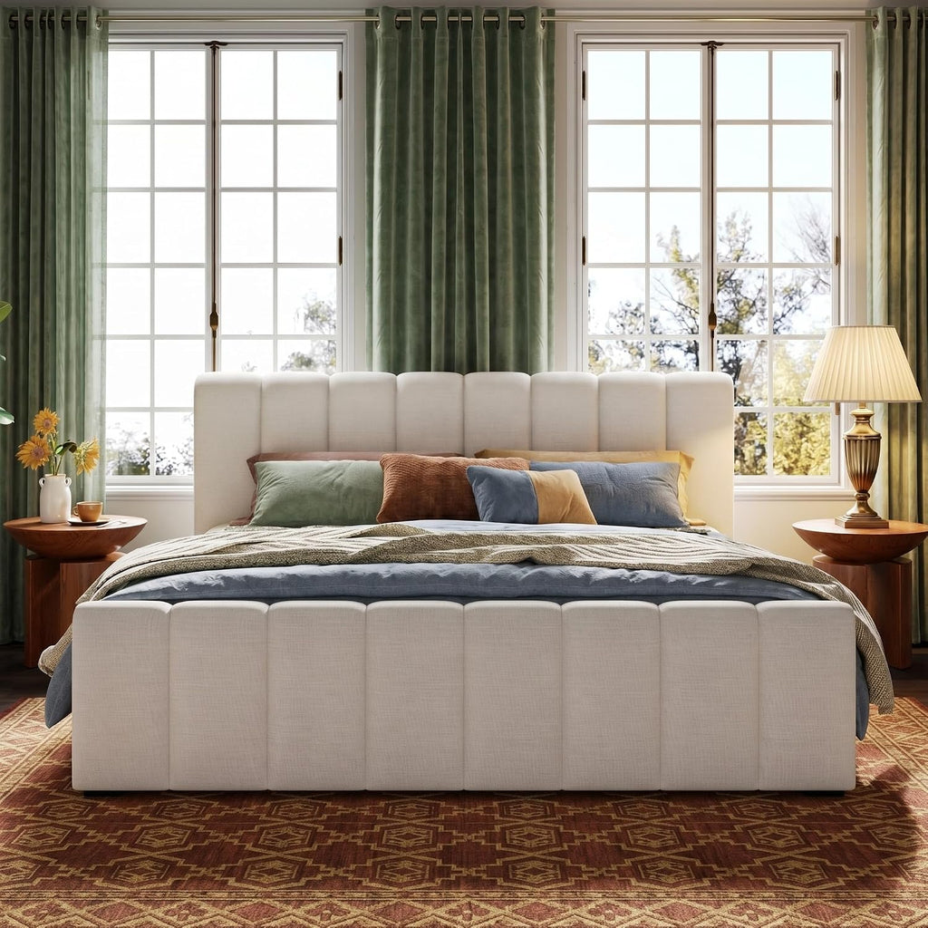 Beige Linen Cal King Curved Panel Bed Frame