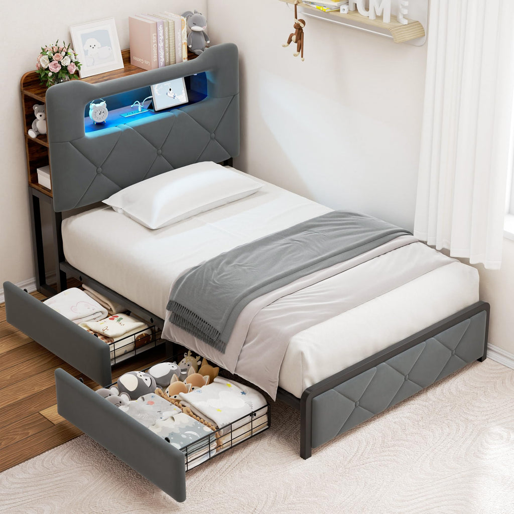 Grey Velvet Full LED Bed Drawers Charging Headboard