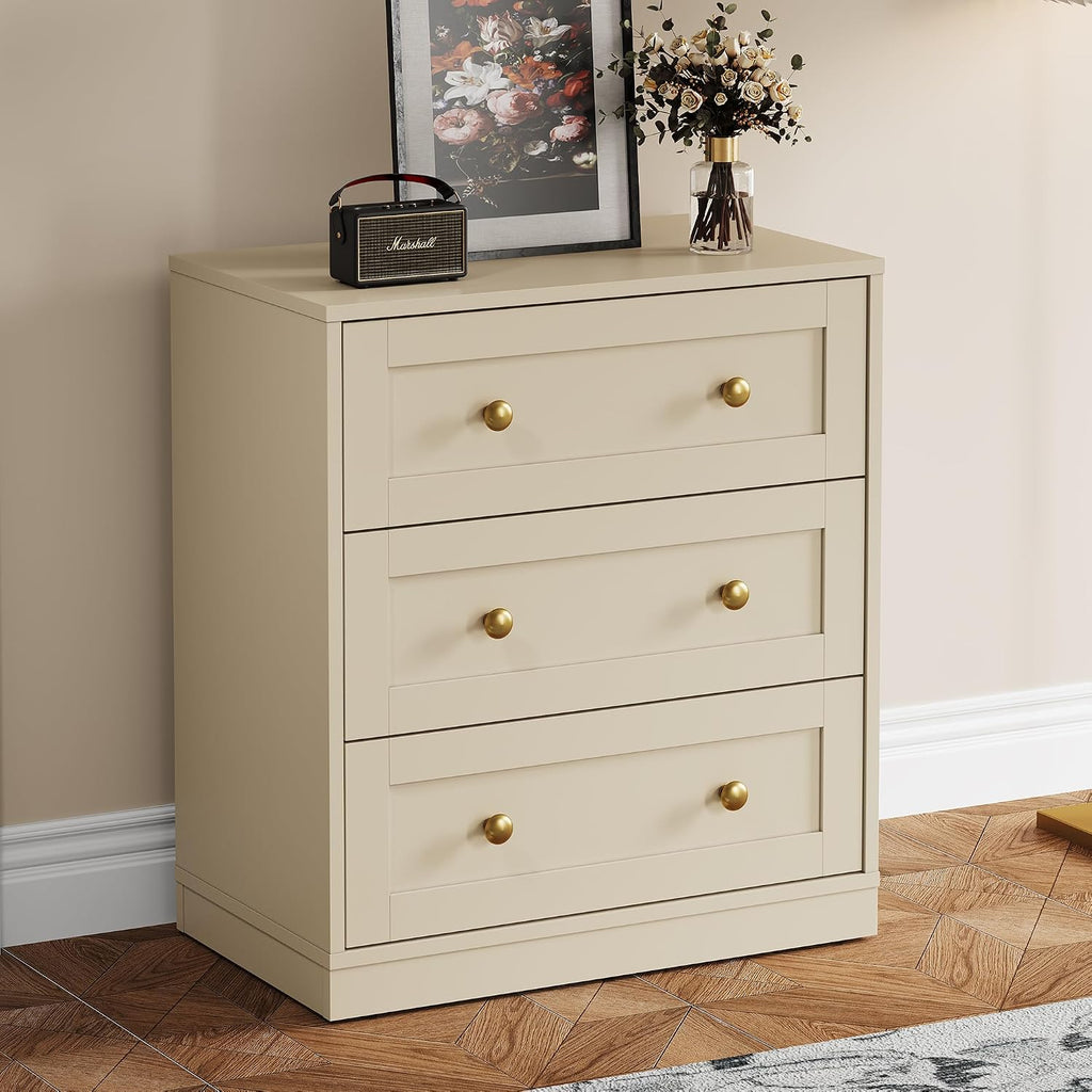 Beige Large Wood 3 Drawer Bedroom Nightstand