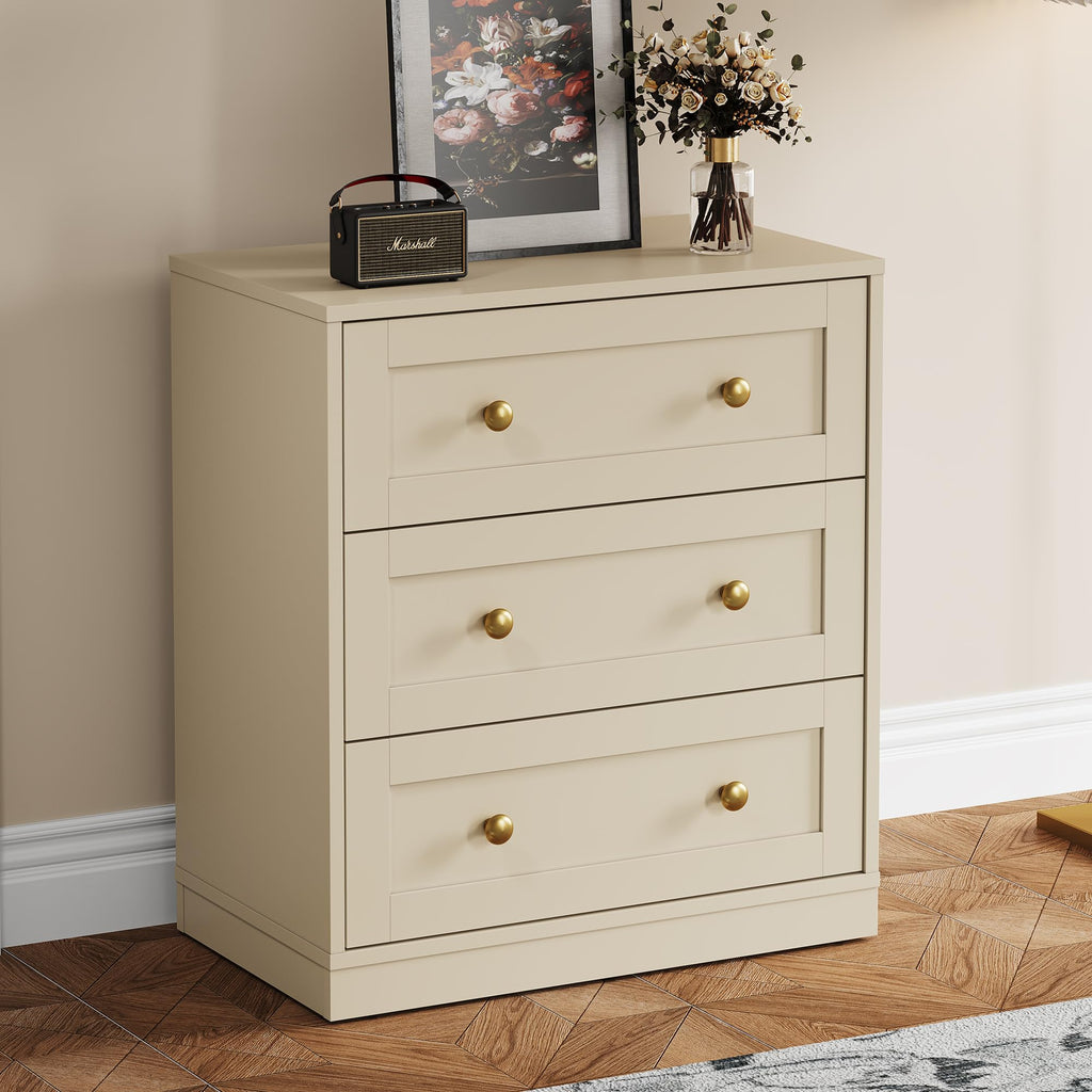 Beige Large Wood 3 Drawer Bedroom Nightstand
