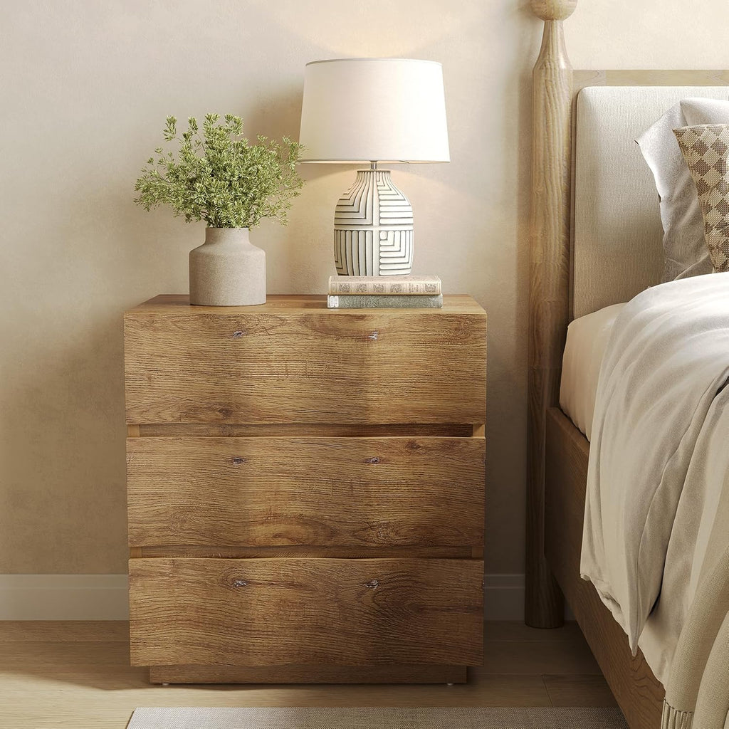 Natural Fluted 3 Drawer Rustic Wood Nightstand