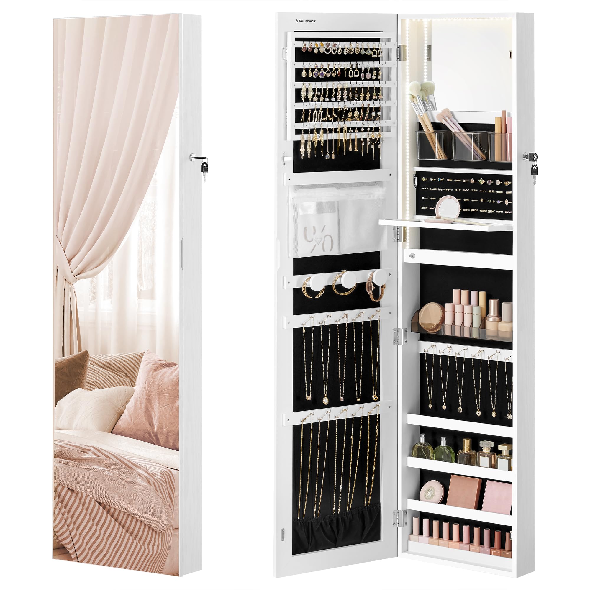 55 Inch Black LED Lockable Mounted Jewelry Cabinet