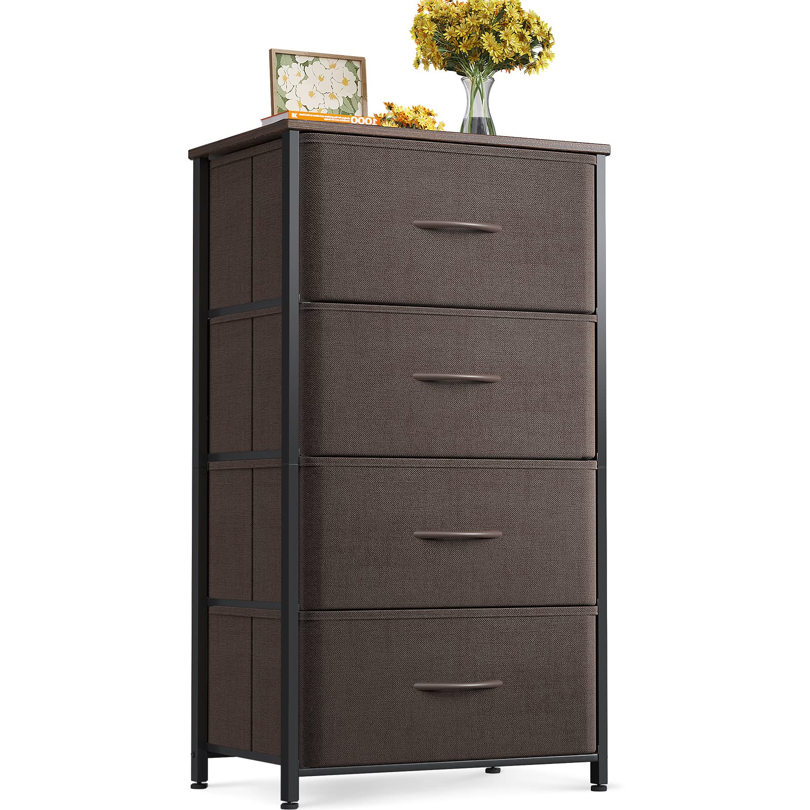 Black Wood Top 4 Drawer Small Fabric Dresser Cabinet