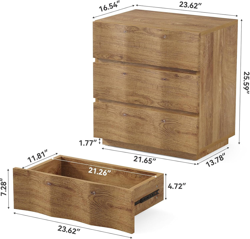 Natural Fluted 3 Drawer Rustic Wood Nightstand