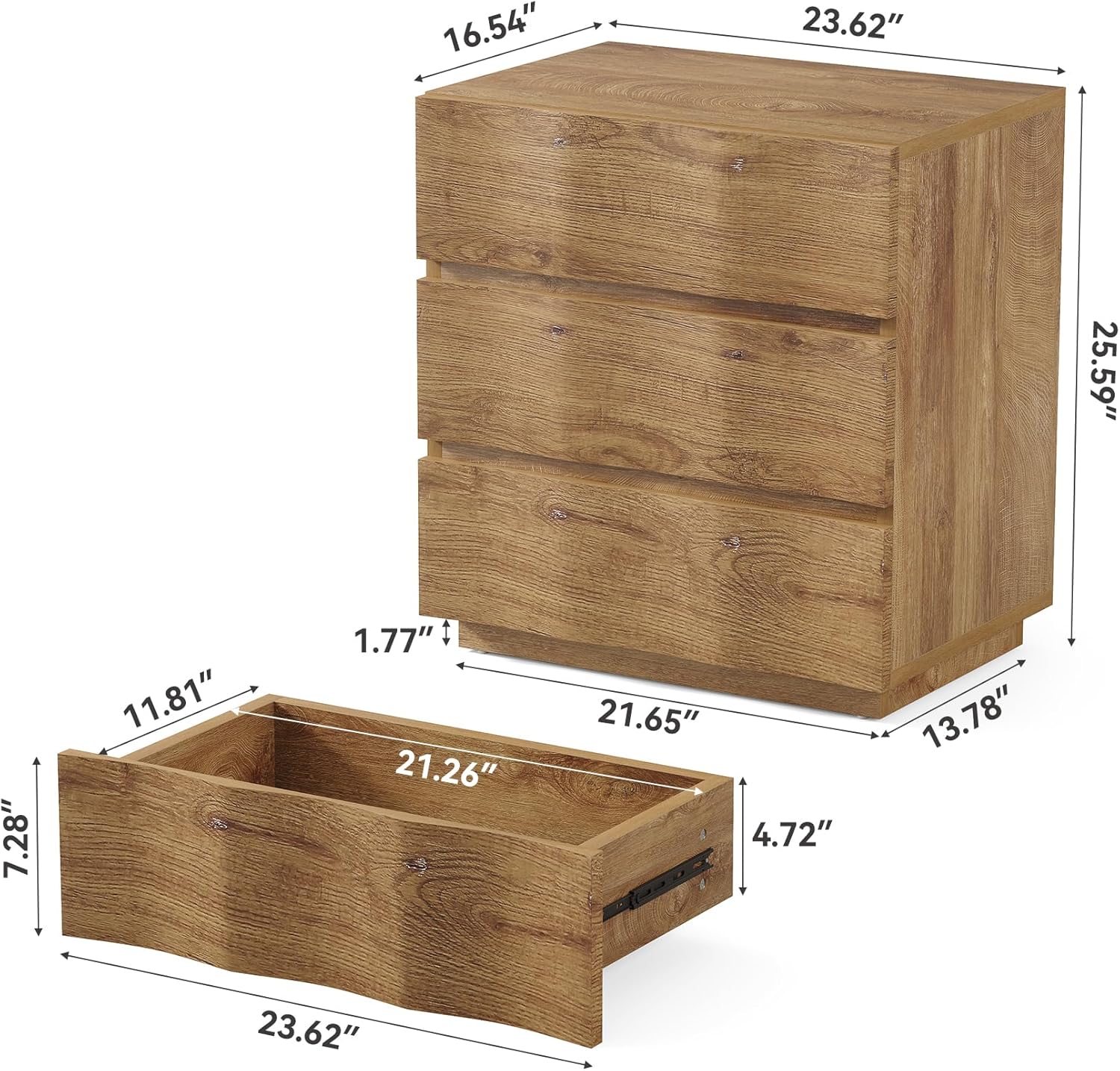 Natural Fluted 3 Drawer Rustic Wood Nightstand