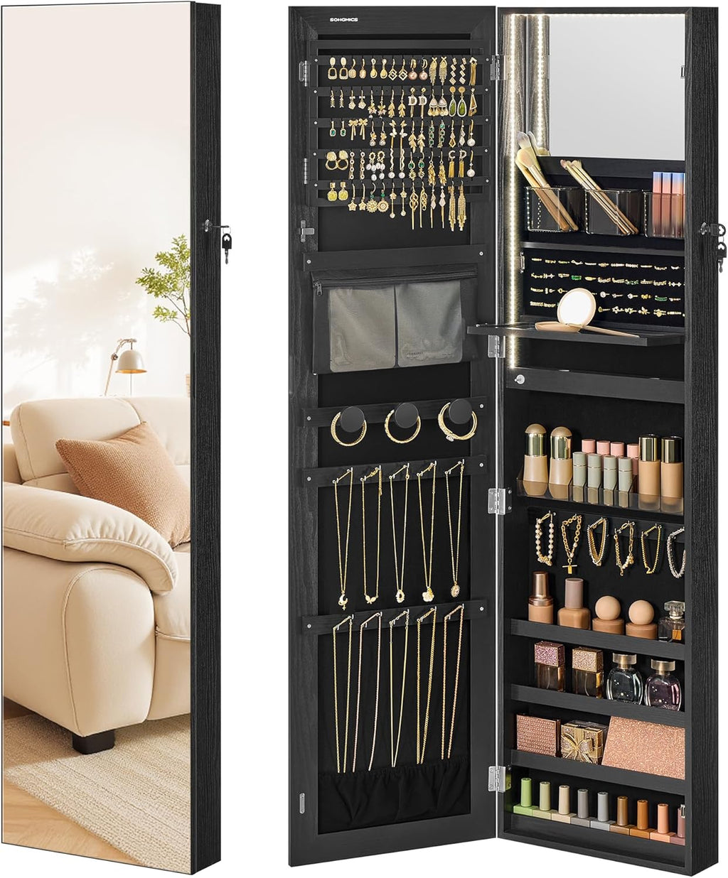 55 Inch Black LED Lockable Mounted Jewelry Cabinet