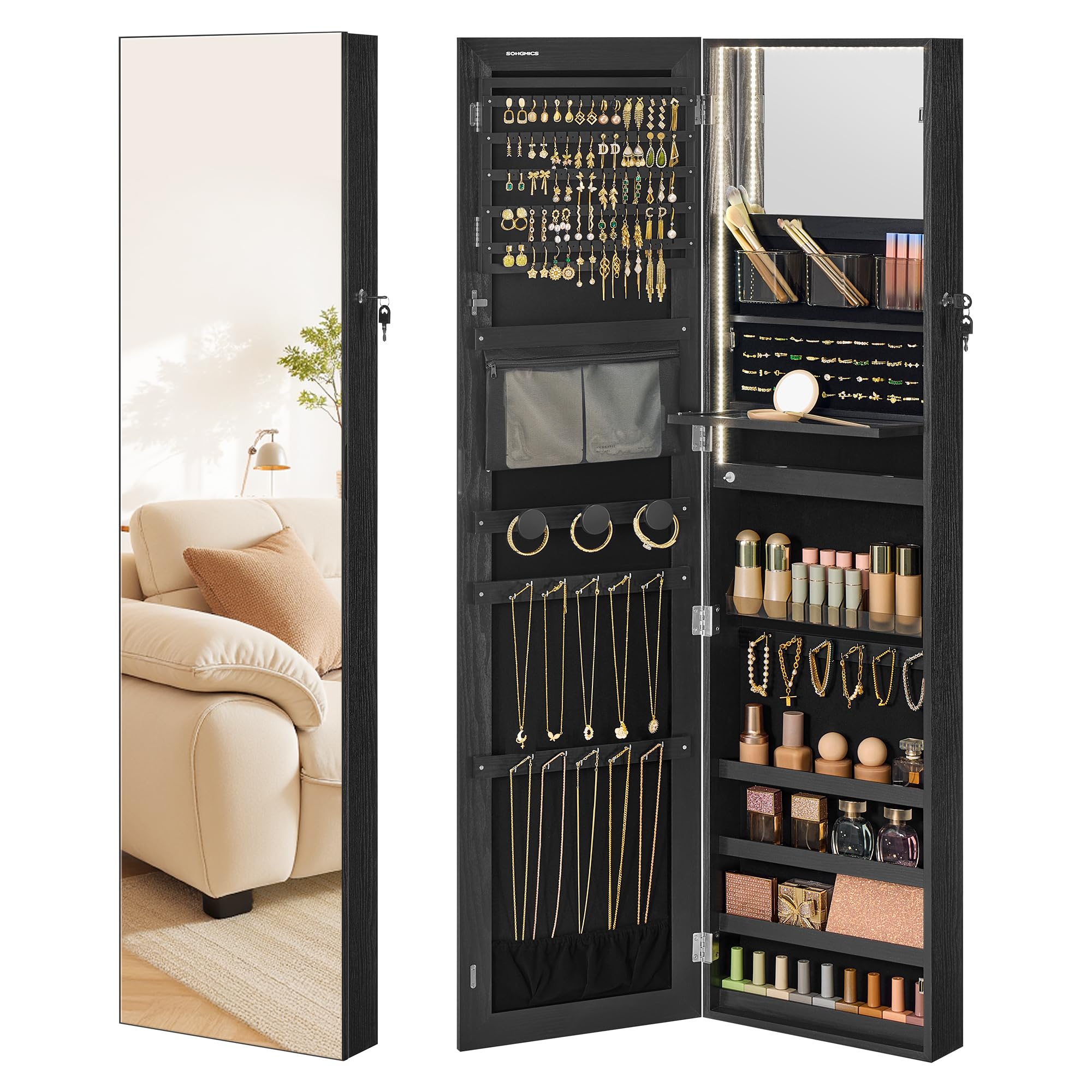 55 Inch Black LED Lockable Mounted Jewelry Cabinet