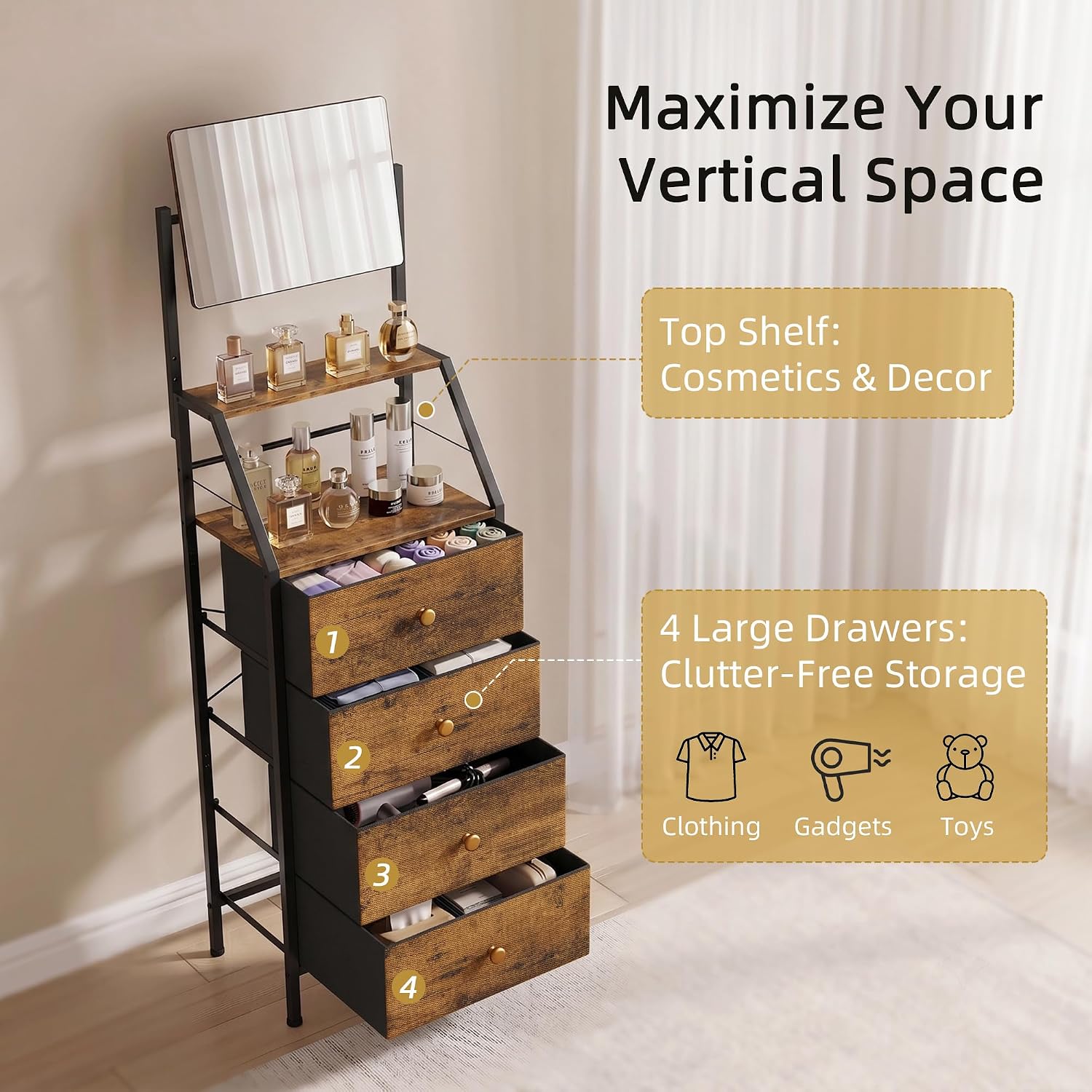 Rustic Brown 4 Drawer Fabric Dresser with Mirror Shelves