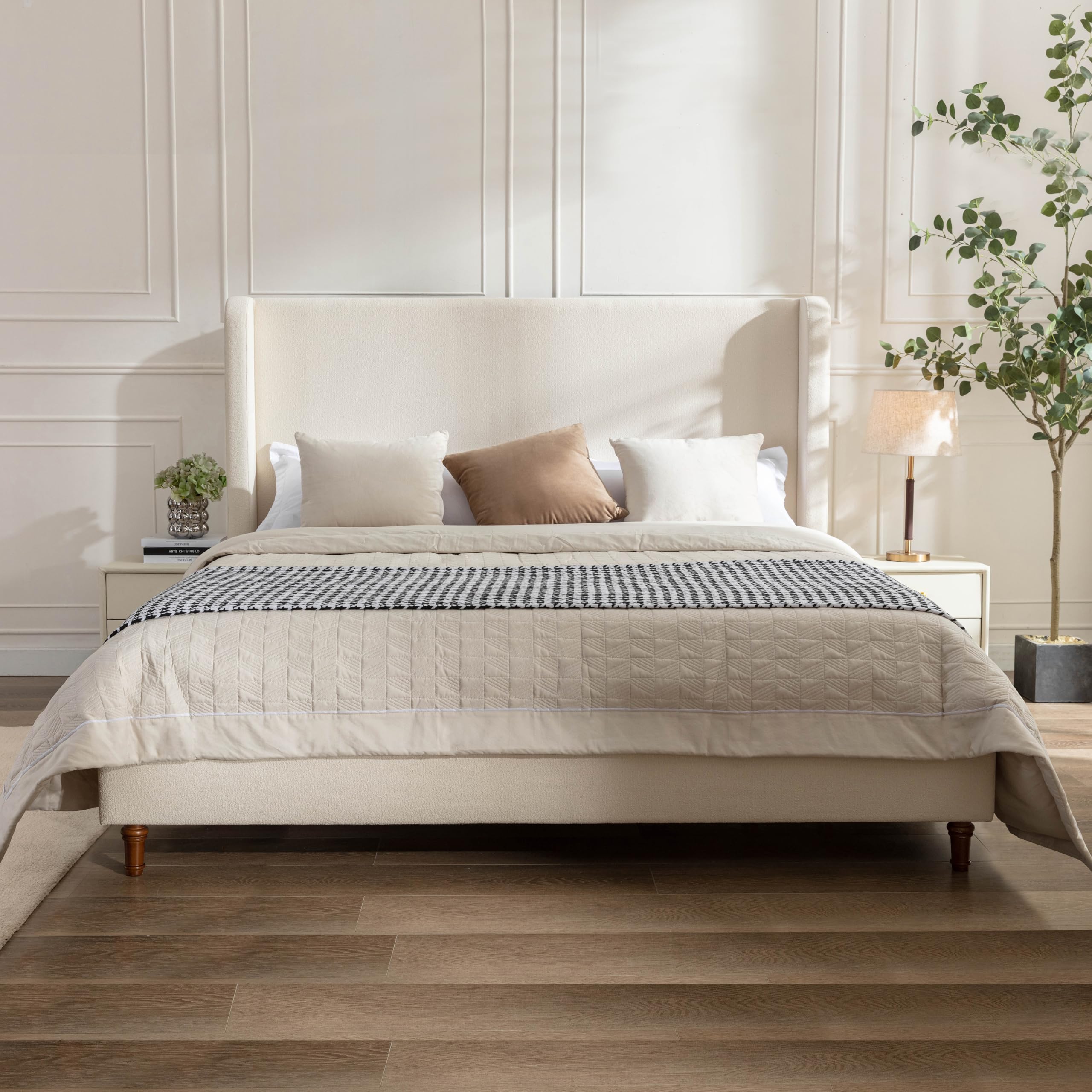 Ivory Boucle Wingback Queen Tall Headboard Platform Bed