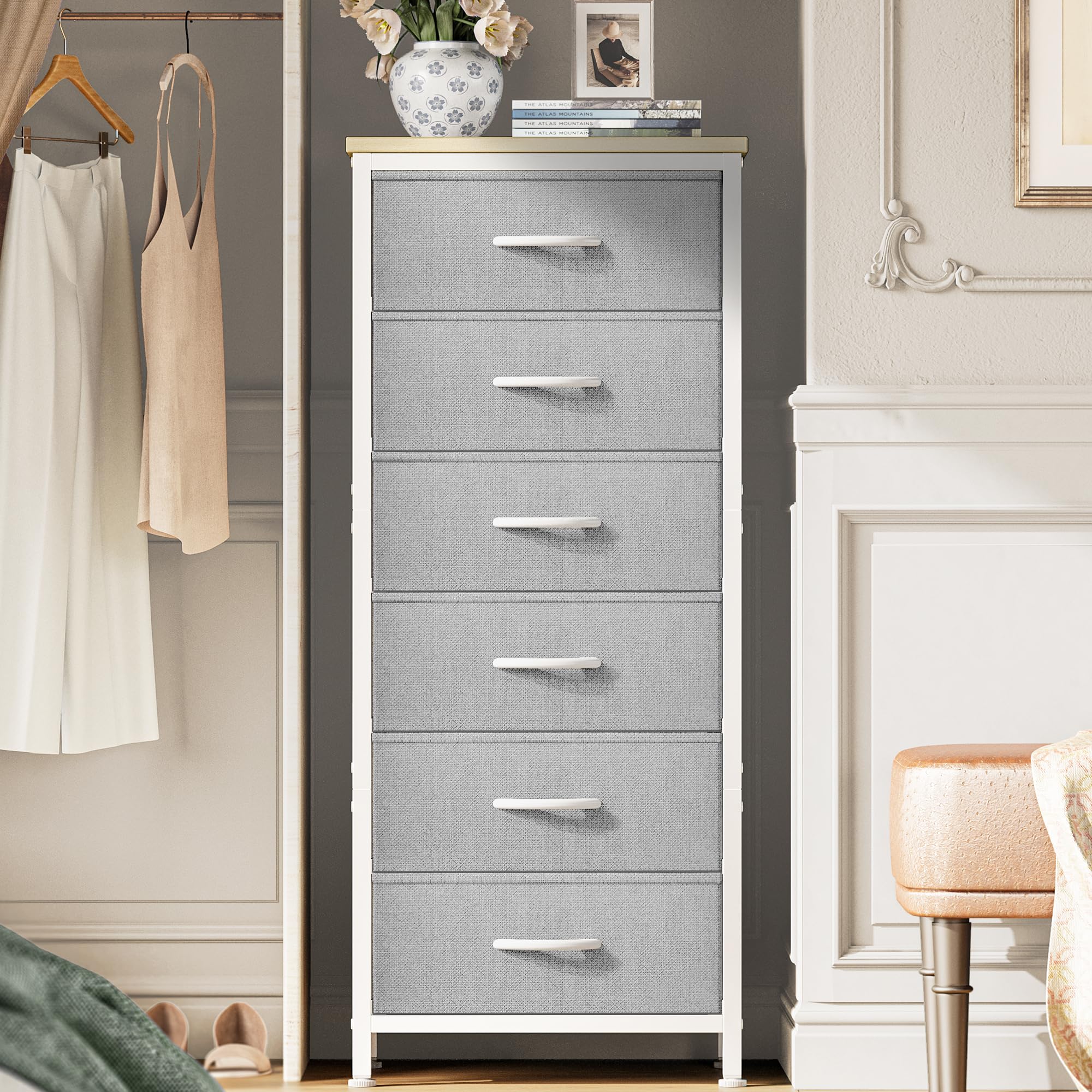 White 6 Drawer PU Leather Fabric Tall Storage Dresser