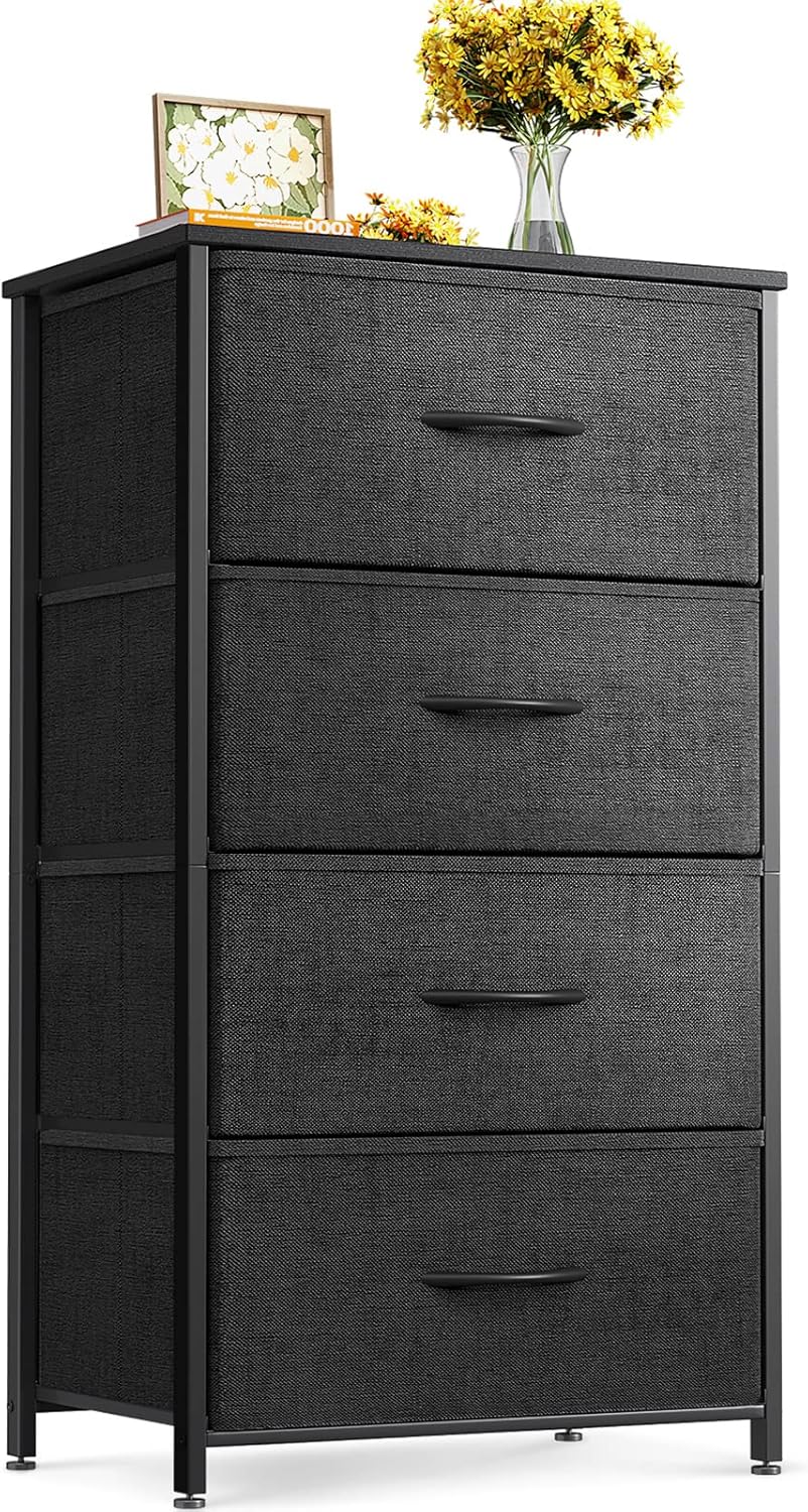 Black Wood Top 4 Drawer Small Fabric Dresser Cabinet
