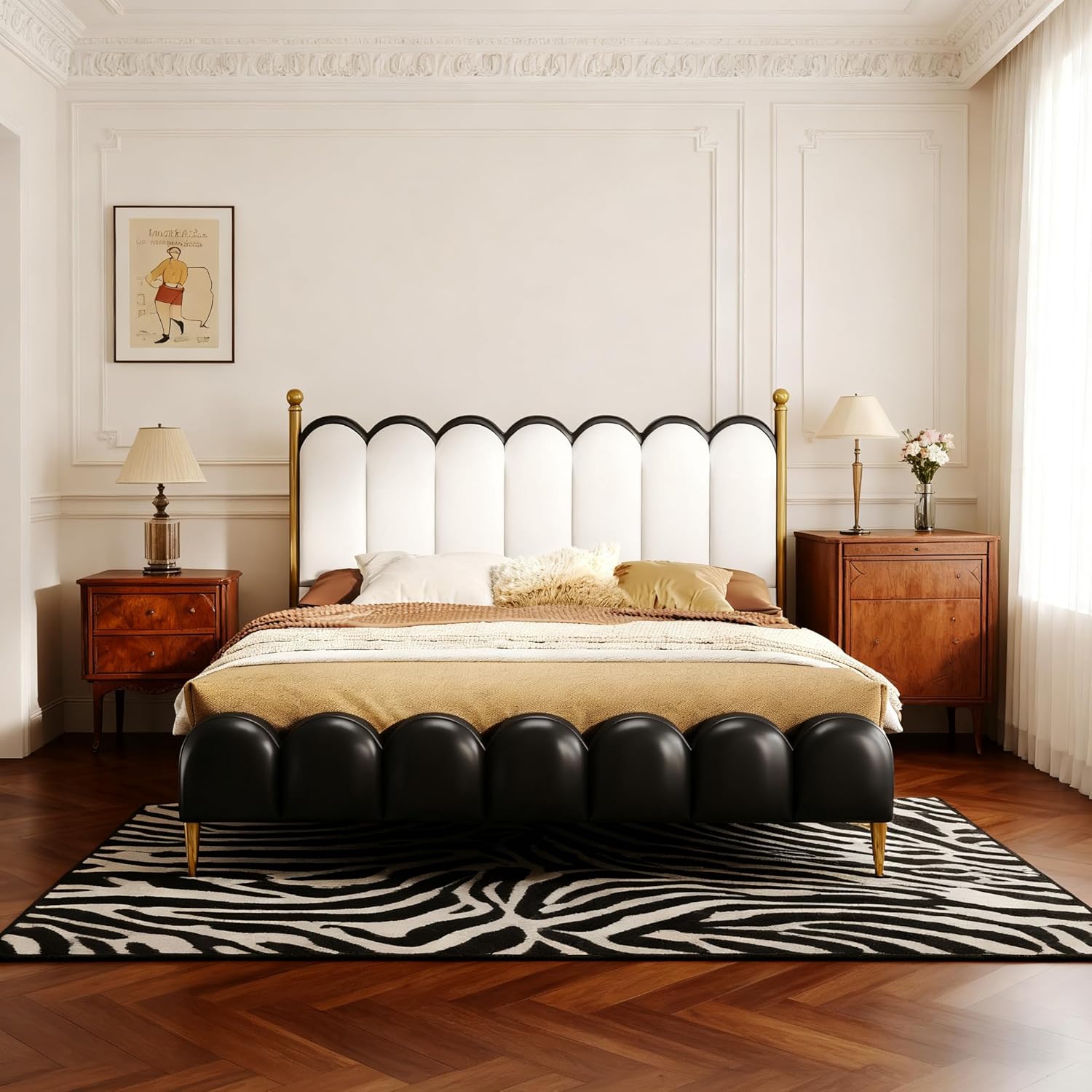 White Black Faux Leather Queen Platform Bed Frame